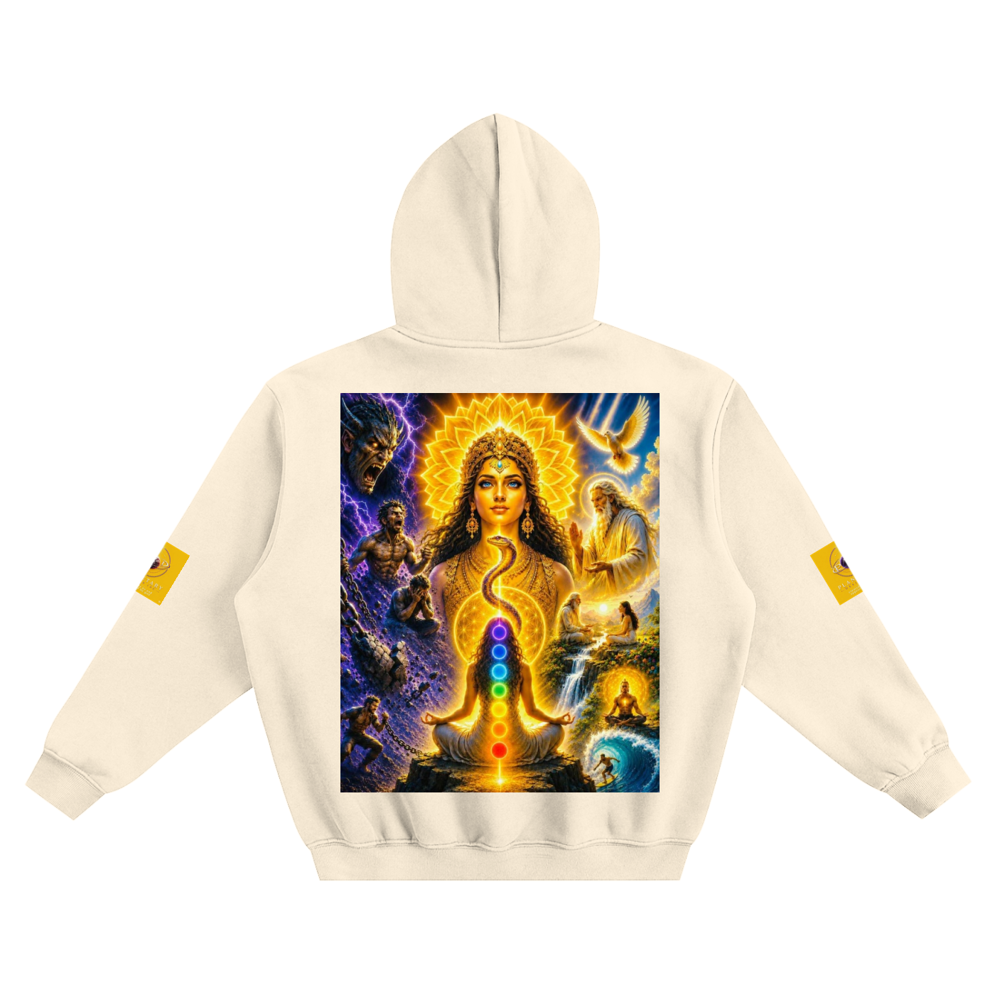 An off-white hooded sweatshirt shown from the back, featuring a large, vibrant spiritual chakra graphic. Each sleeve has a small yellow square graphic.