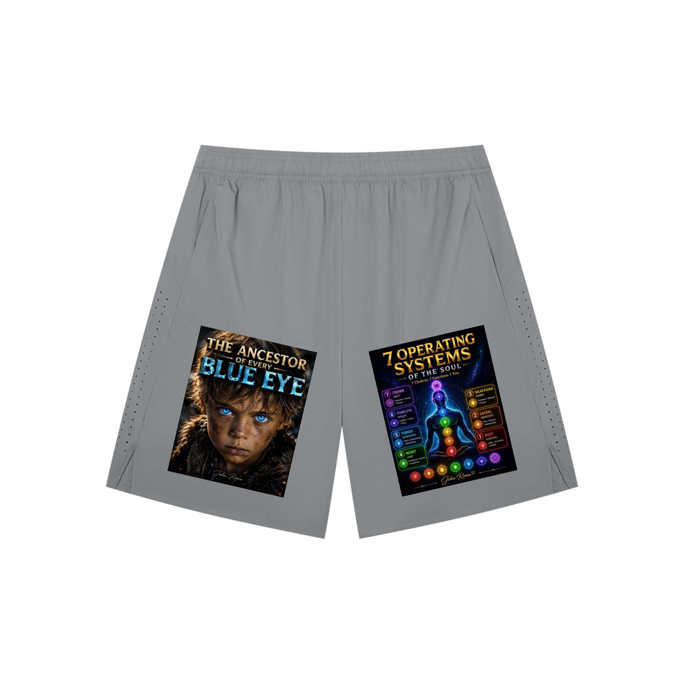 Gray athletic shorts with two large graphic prints on the front, featuring 'The Ancestor's Blue Eye' on the left leg and '7 Operating Systems' on the right leg, shown against a plain white background.