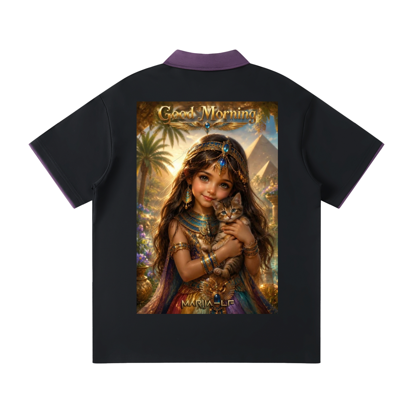 A black short-sleeve polo shirt shown from the back, featuring a large rectangular graphic print on the back. The print depicts a fantasy illustration of a woman with long brown hair holding a cat, with the text 'Good Morning' at the top and 'MARIA'S' at the bottom.