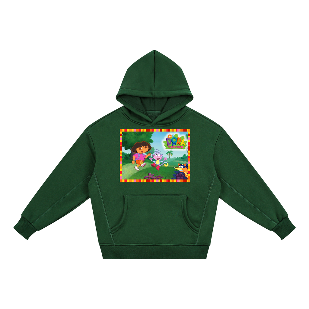 Green hoodie with Dora the Explorer graphic on a white background