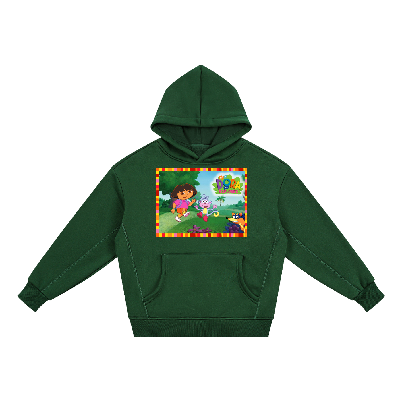 Green hoodie with Dora the Explorer graphic on a white background
