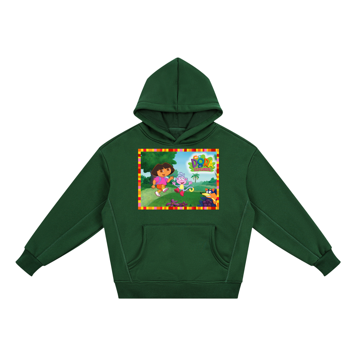 Green hoodie with Dora the Explorer graphic on a white background