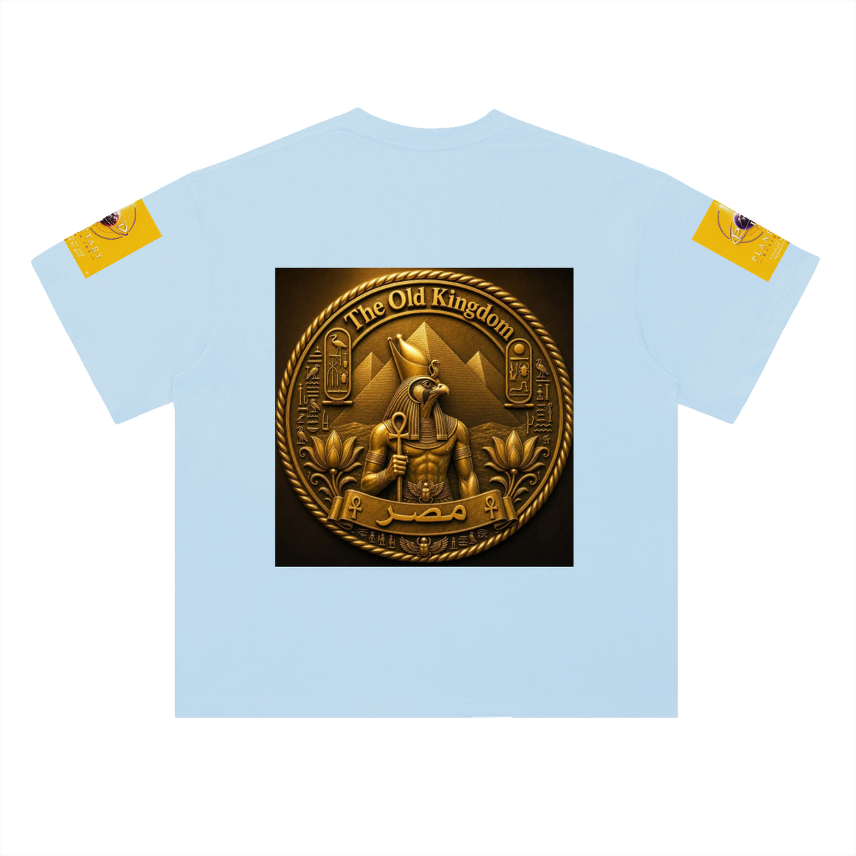 A light blue short-sleeve t-shirt with a large square graphic on the chest depicting a golden Egyptian emblem with the text 'The Old Kingdom'. The sleeves feature yellow patches with black graphics.