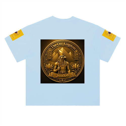 A light blue short-sleeve t-shirt with a large square graphic on the chest depicting a golden Egyptian emblem with the text 'The Old Kingdom'. The sleeves feature yellow patches with black graphics.