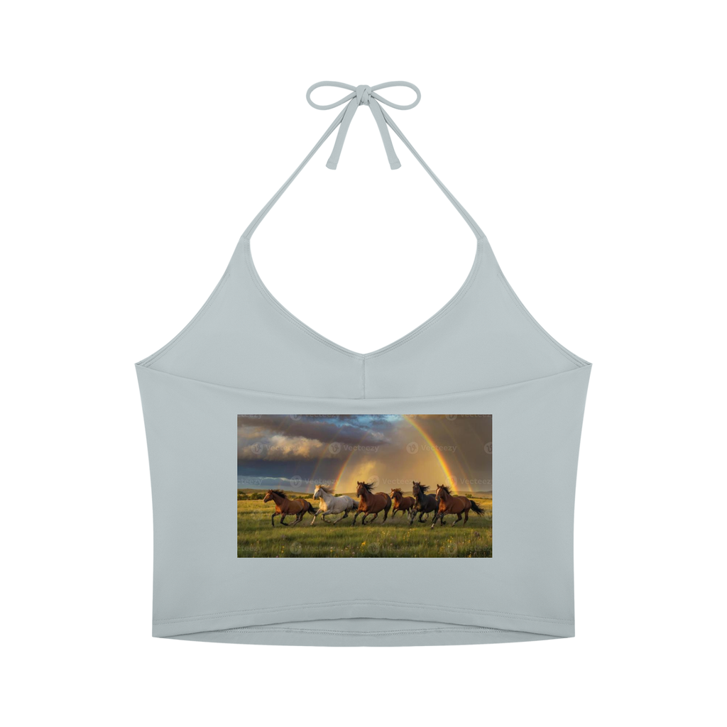 A light gray halter crop top featuring a rectangular graphic print of wild horses and riders under a dramatic rainbow sky, displayed on a solid white background.