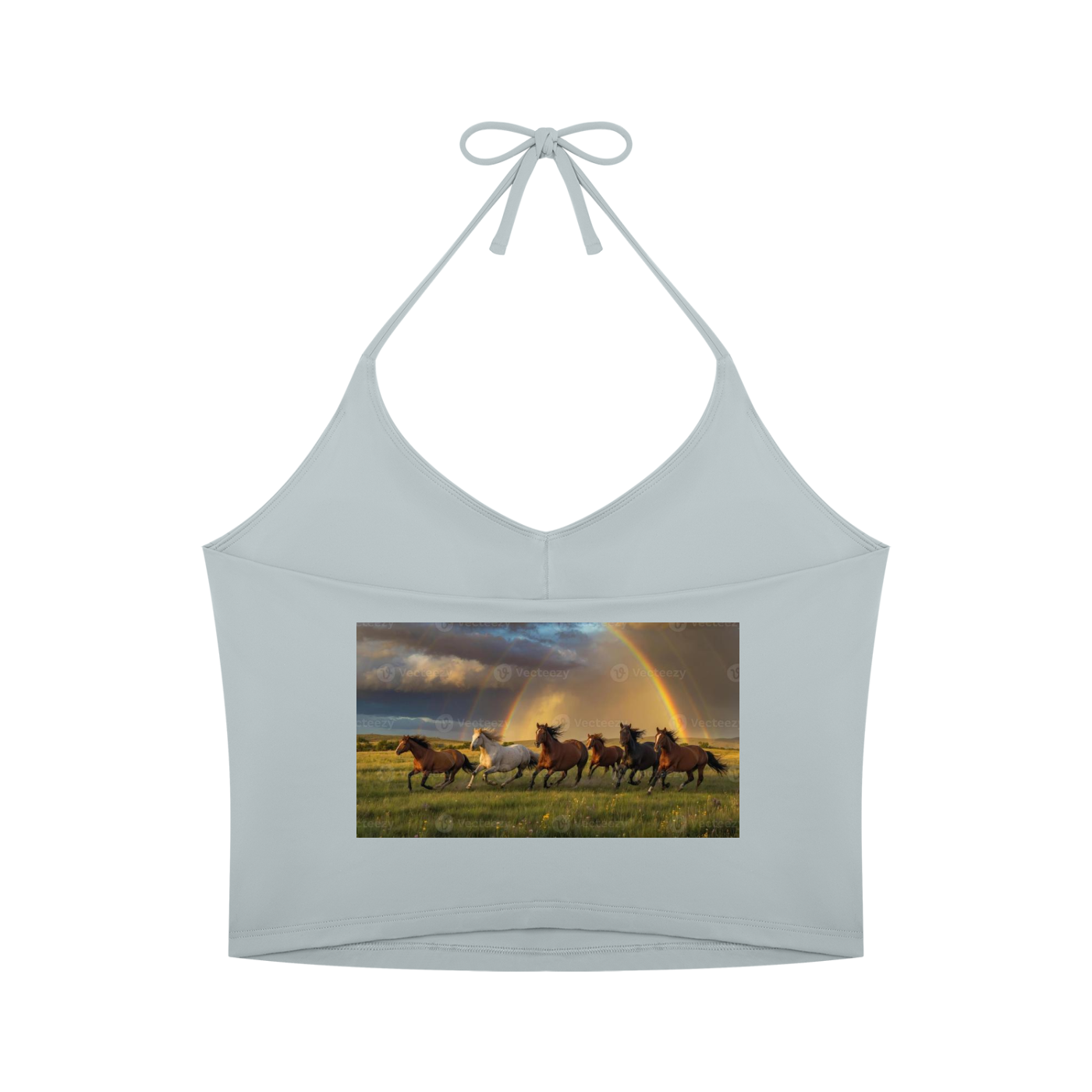 A light gray halter crop top featuring a rectangular graphic print of wild horses and riders under a dramatic rainbow sky, displayed on a solid white background.