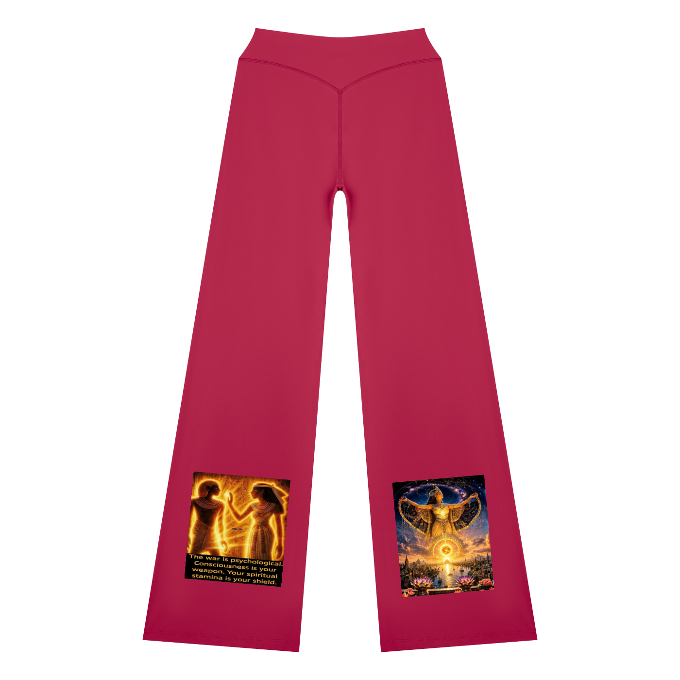 Bright pink wide-leg pants with graphic prints on both lower legs, displayed flat against a white background.