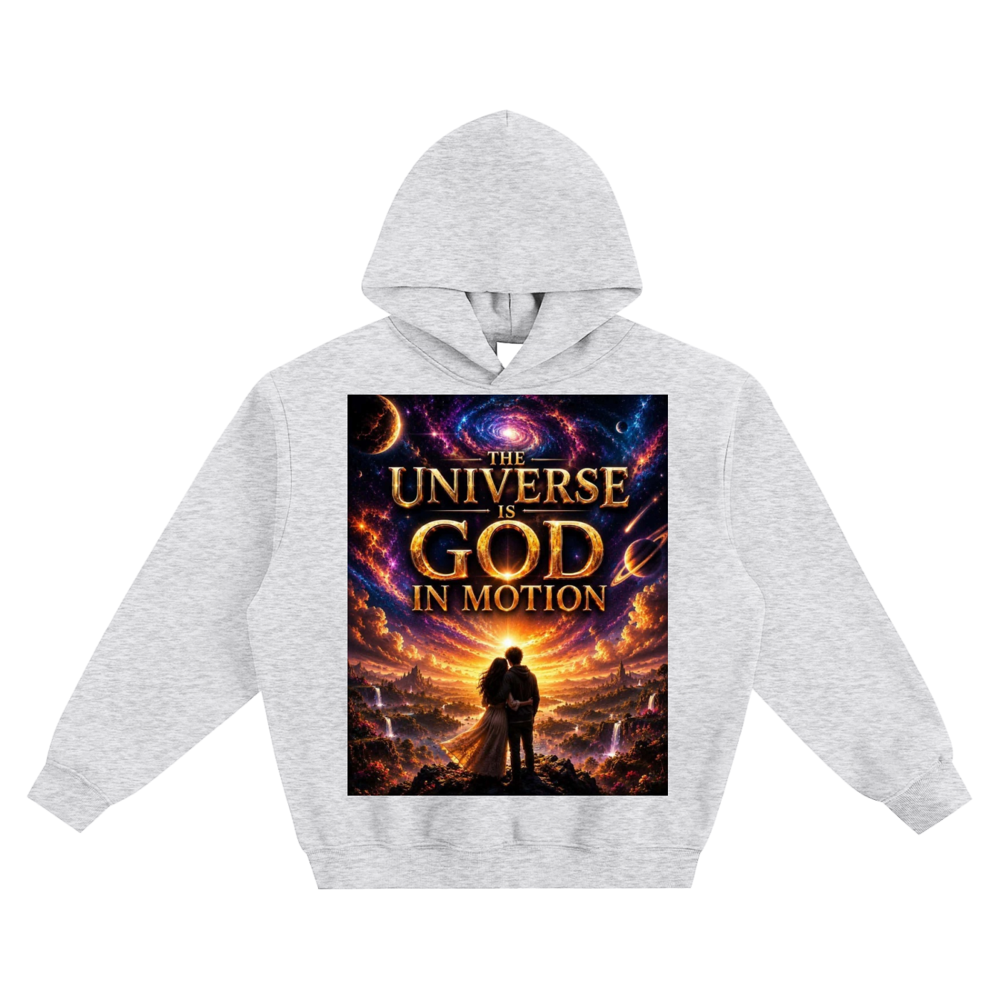 Gray hoodie with a graphic design of a couple in front of a cosmic background and text 'The Universe is God in Motion'.