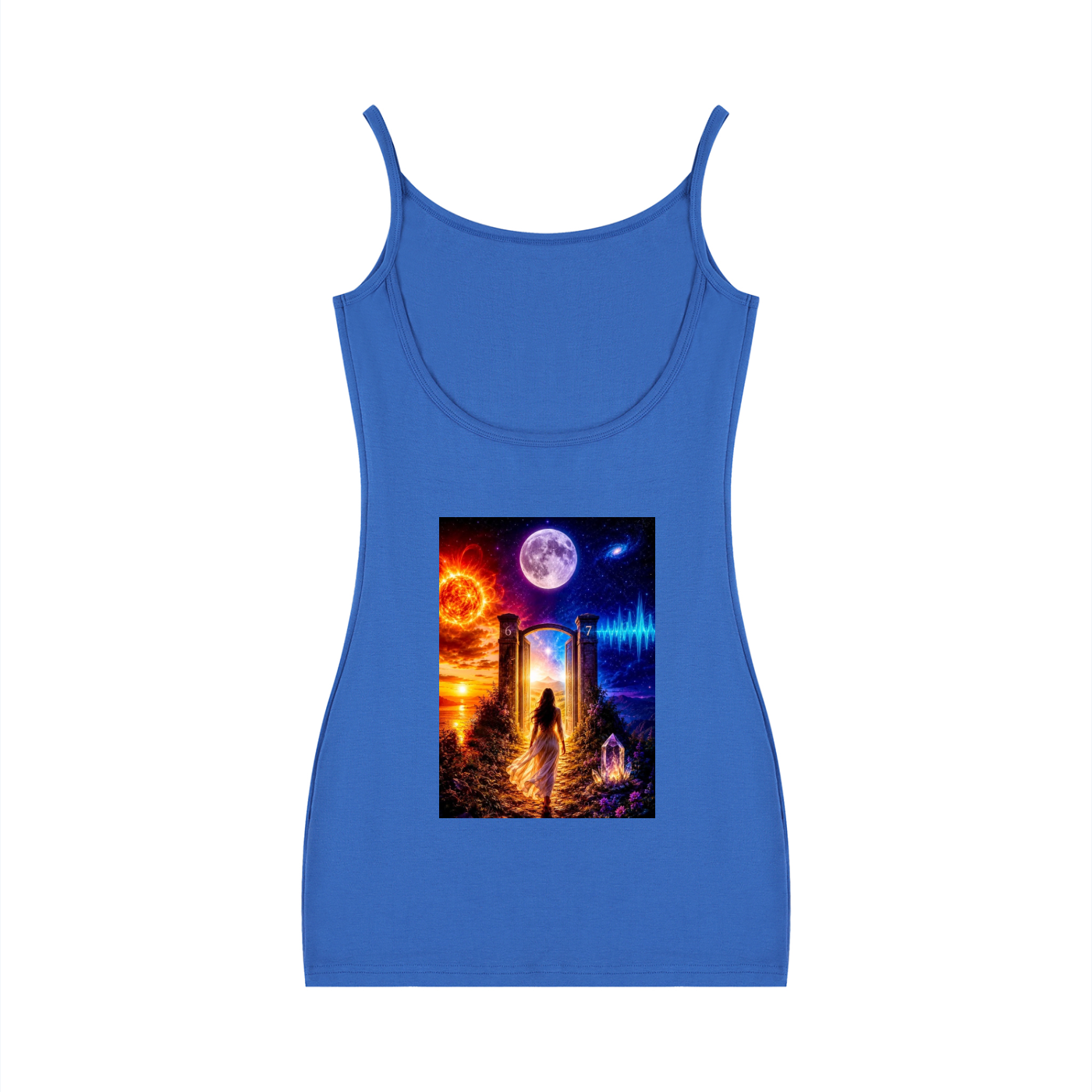 A royal blue sleeveless camisole tank top with a square graphic print on the front depicting a fantasy scene of a figure walking through a glowing portal under a full moon.