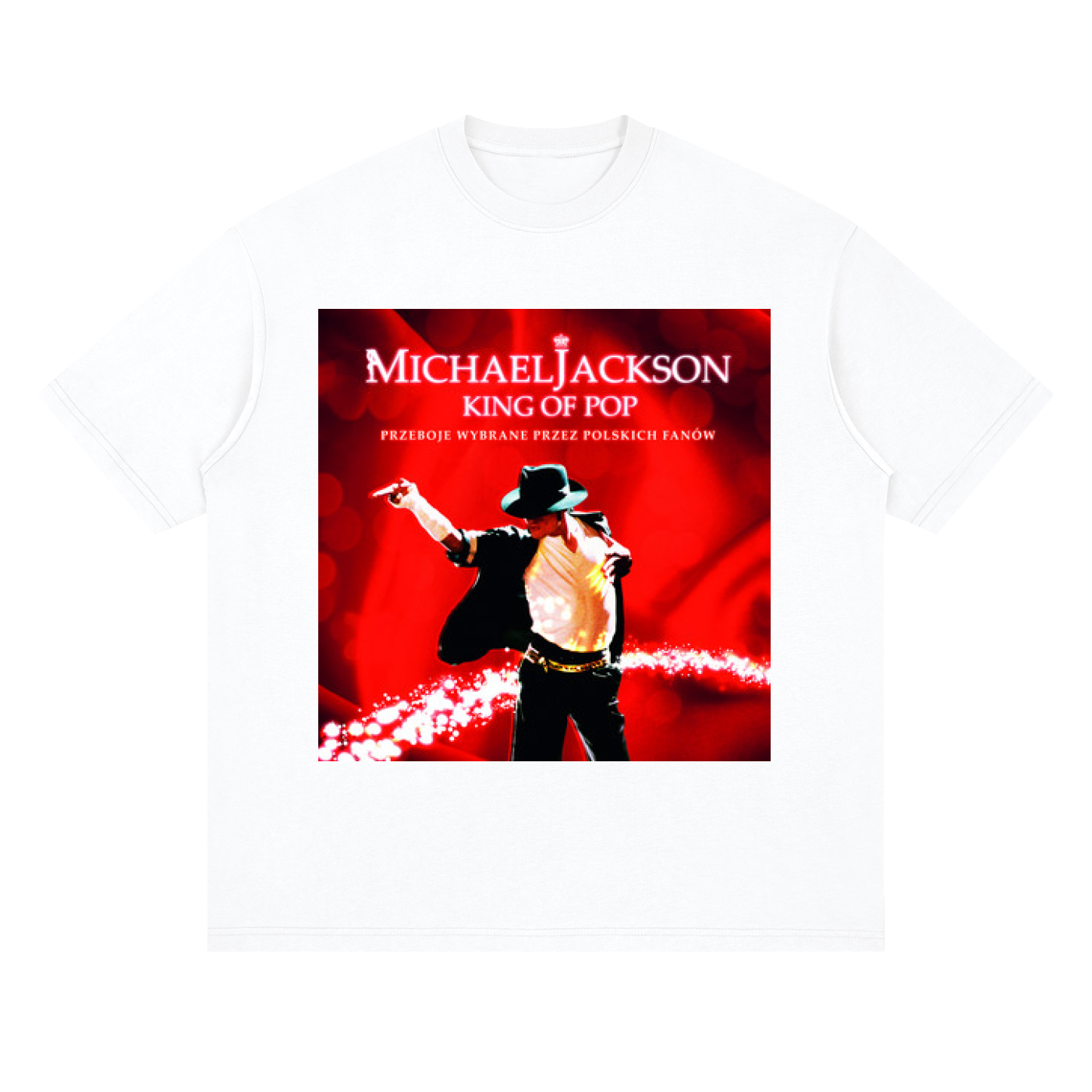 White t-shirt with a graphic of Michael Jackson and text 'Michael Jackson King of Pop' on a red background.