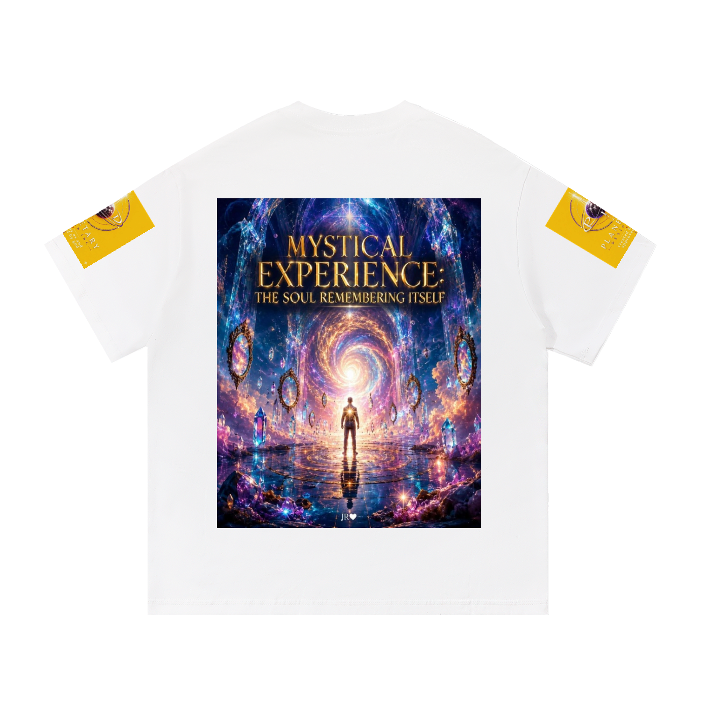 A white short-sleeve t-shirt with a large, colorful cosmic graphic on the back reading 'MYSTICAL EXPERIENCE: THE SOUL REMEMBERING ITSELF'. The sleeves feature yellow graphic patches with circular illustrations.