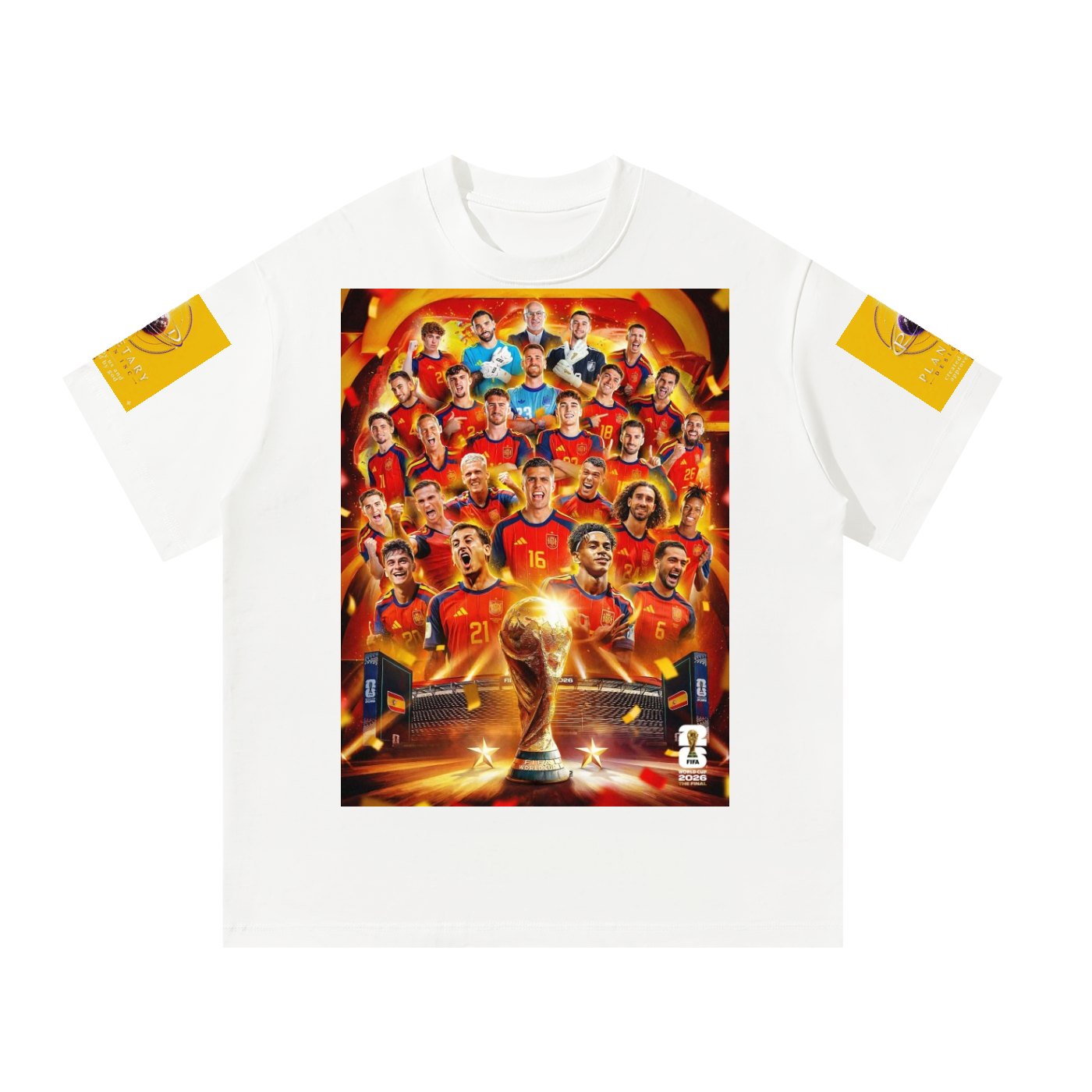 A white short-sleeve t-shirt featuring a large, vibrant graphic print of the Spain national football team and the FIFA World Cup trophy on the front. The sleeves have yellow patches with the Spanish coat of arms.