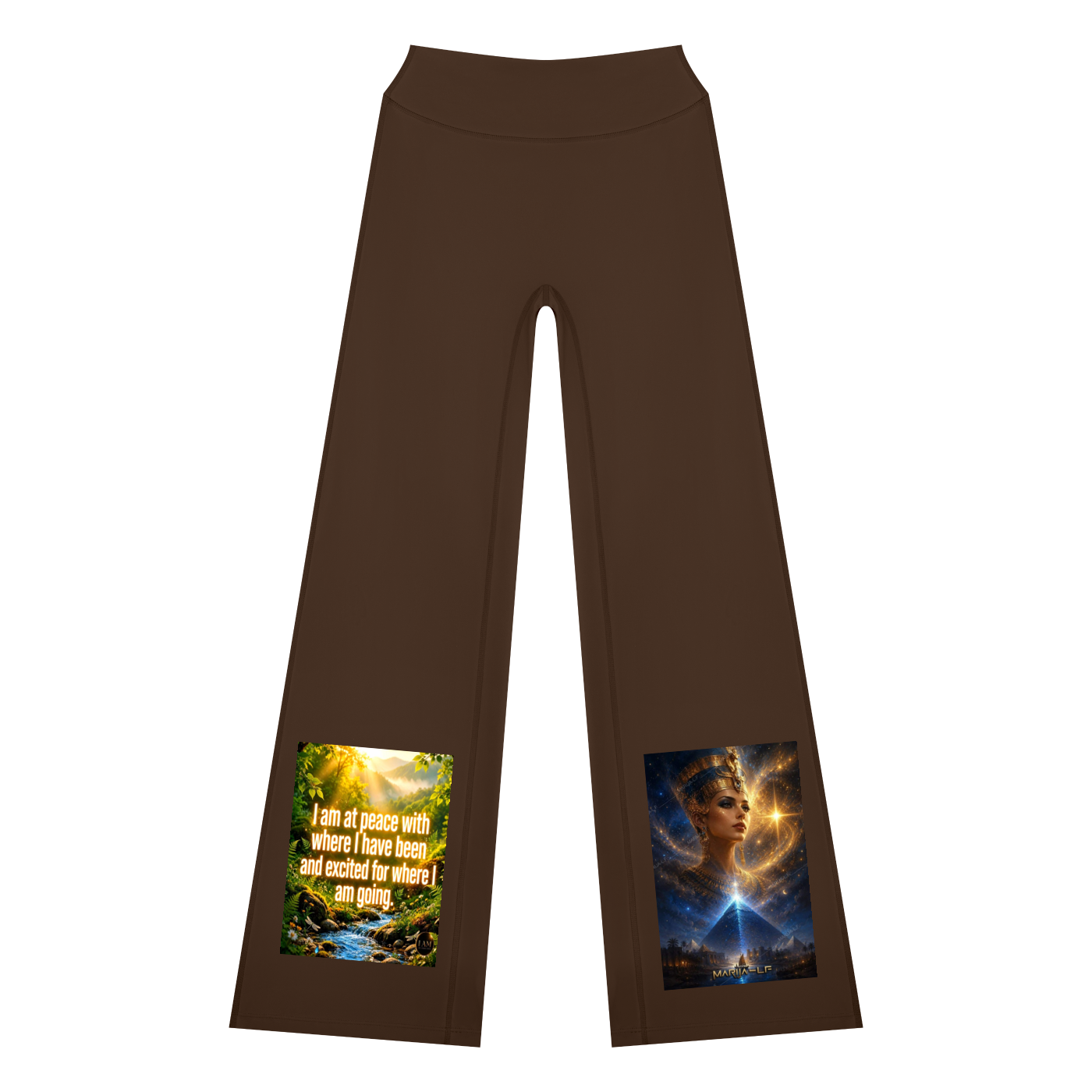 Brown wide-leg pants with two colorful graphic prints on the lower legs, shown on a plain white background.