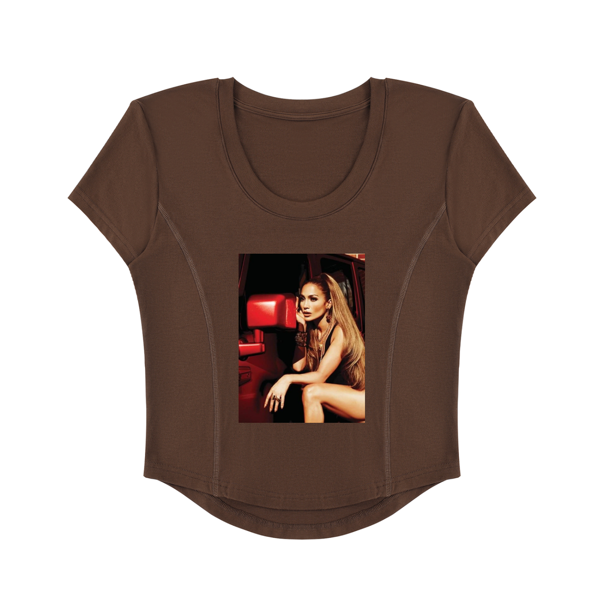 Brown t-shirt with a graphic of a woman on a white background