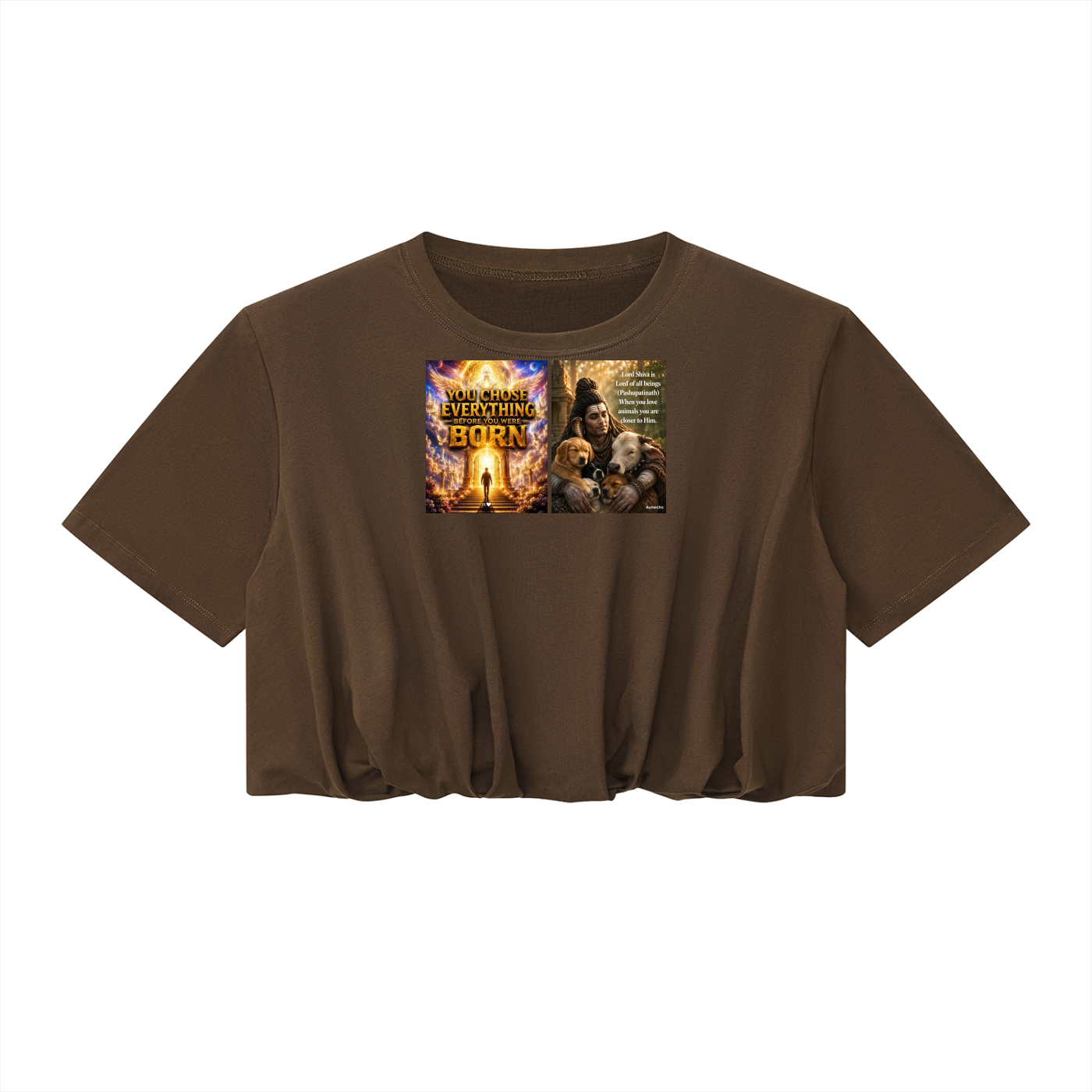 Brown t-shirt with a graphic design on a white background