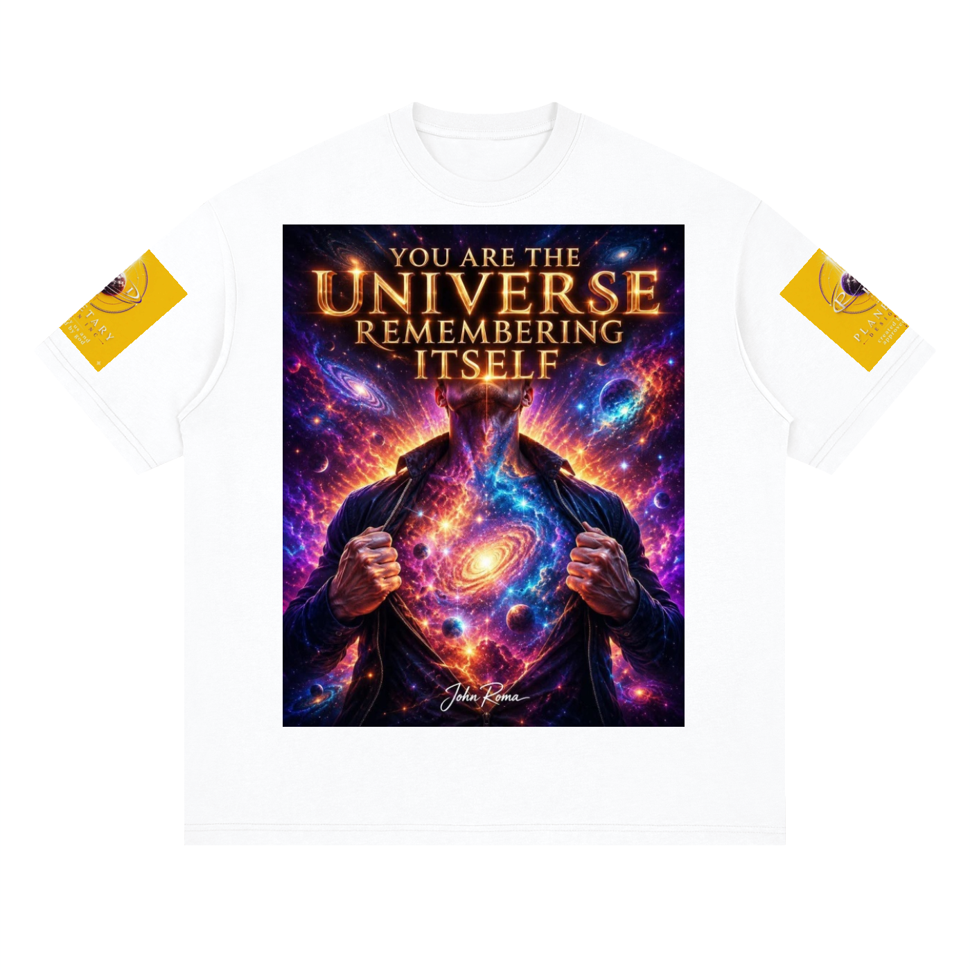 White t-shirt with a graphic design featuring a person holding a universe and text 'You are the universe remembering itself' on a white background.