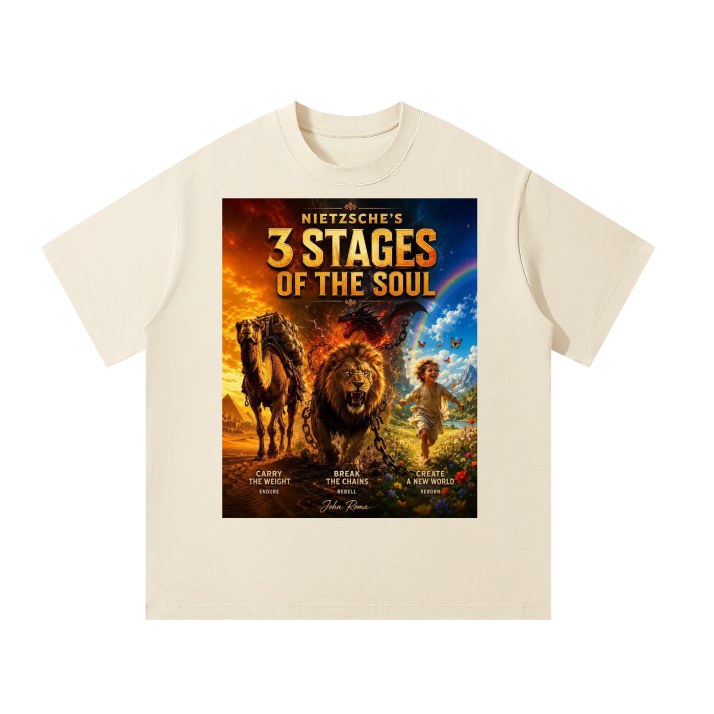 Beige t-shirt with '3 Stages of the Soul' graphic design featuring a lion, horse, and child.