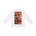 White long-sleeve shirt with a colorful graphic design on a white background