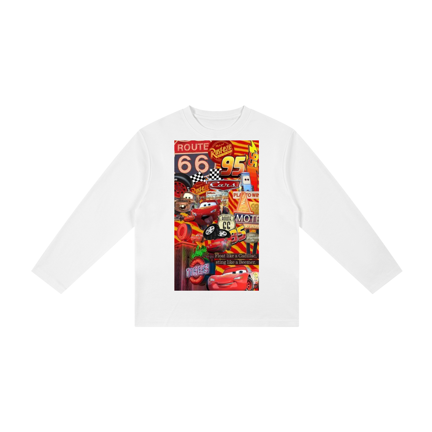White long-sleeve shirt with a colorful graphic design on a white background