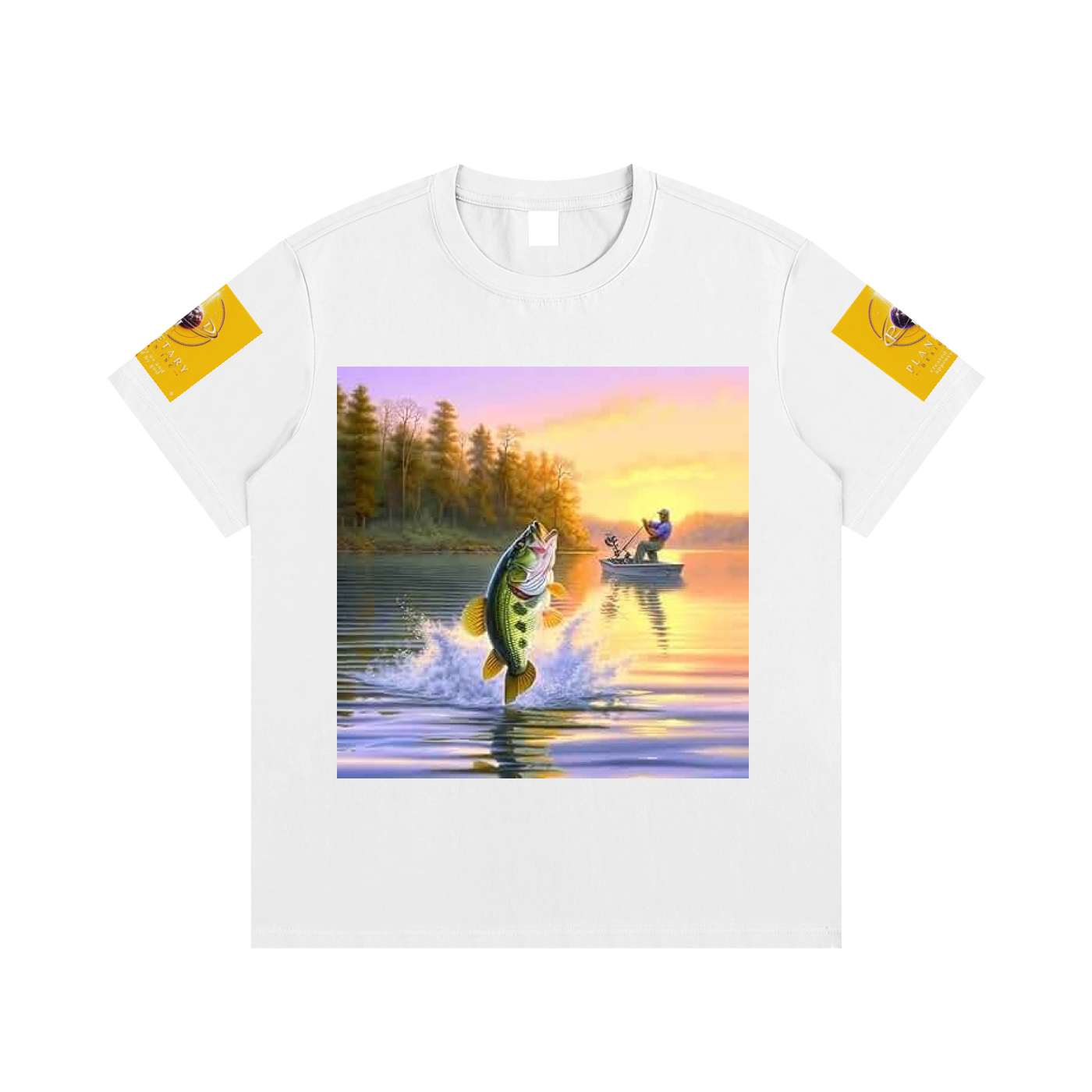 White t-shirt with a graphic of a fish jumping out of water and two people in a boat at sunset.