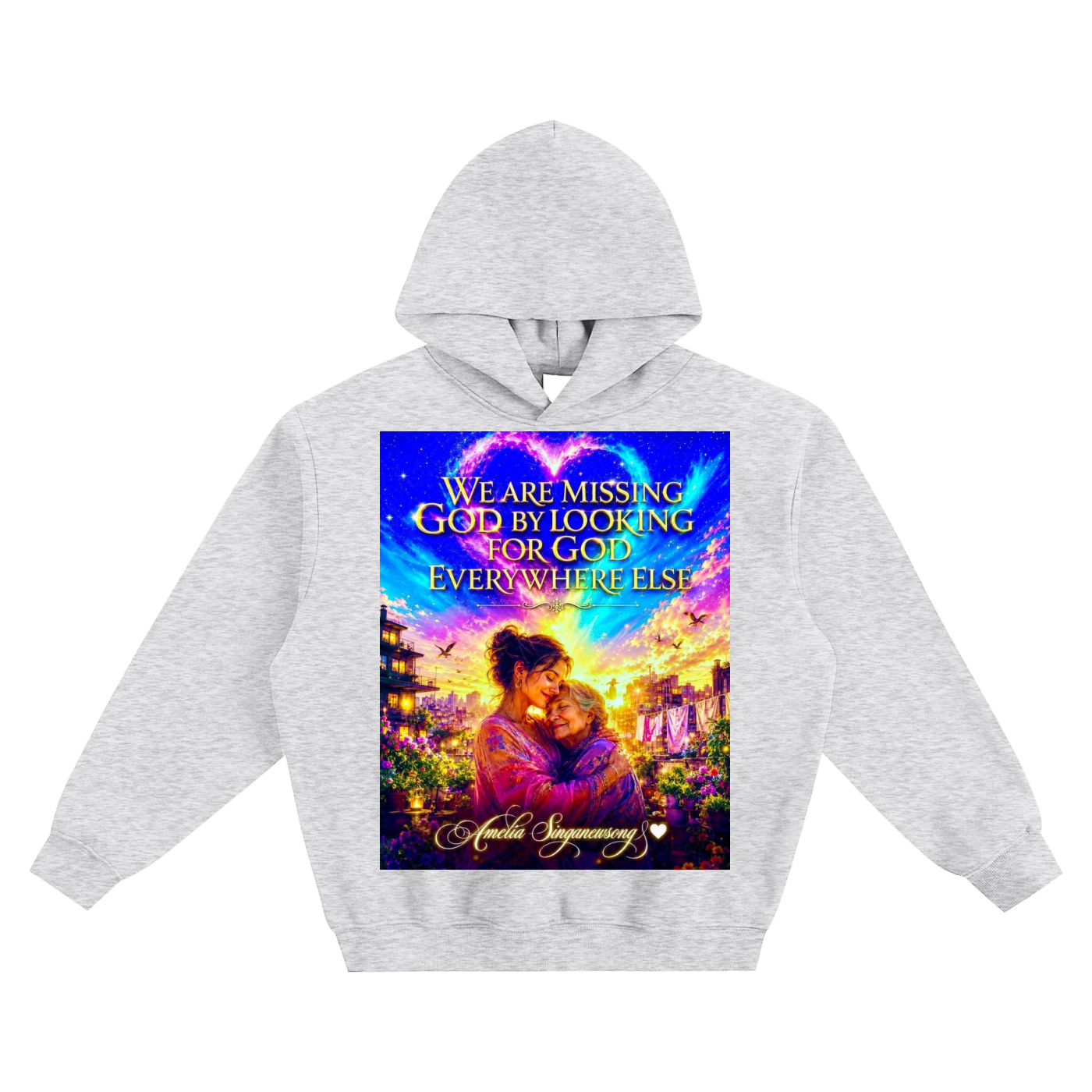 Gray hoodie with a colorful graphic and text on a white background