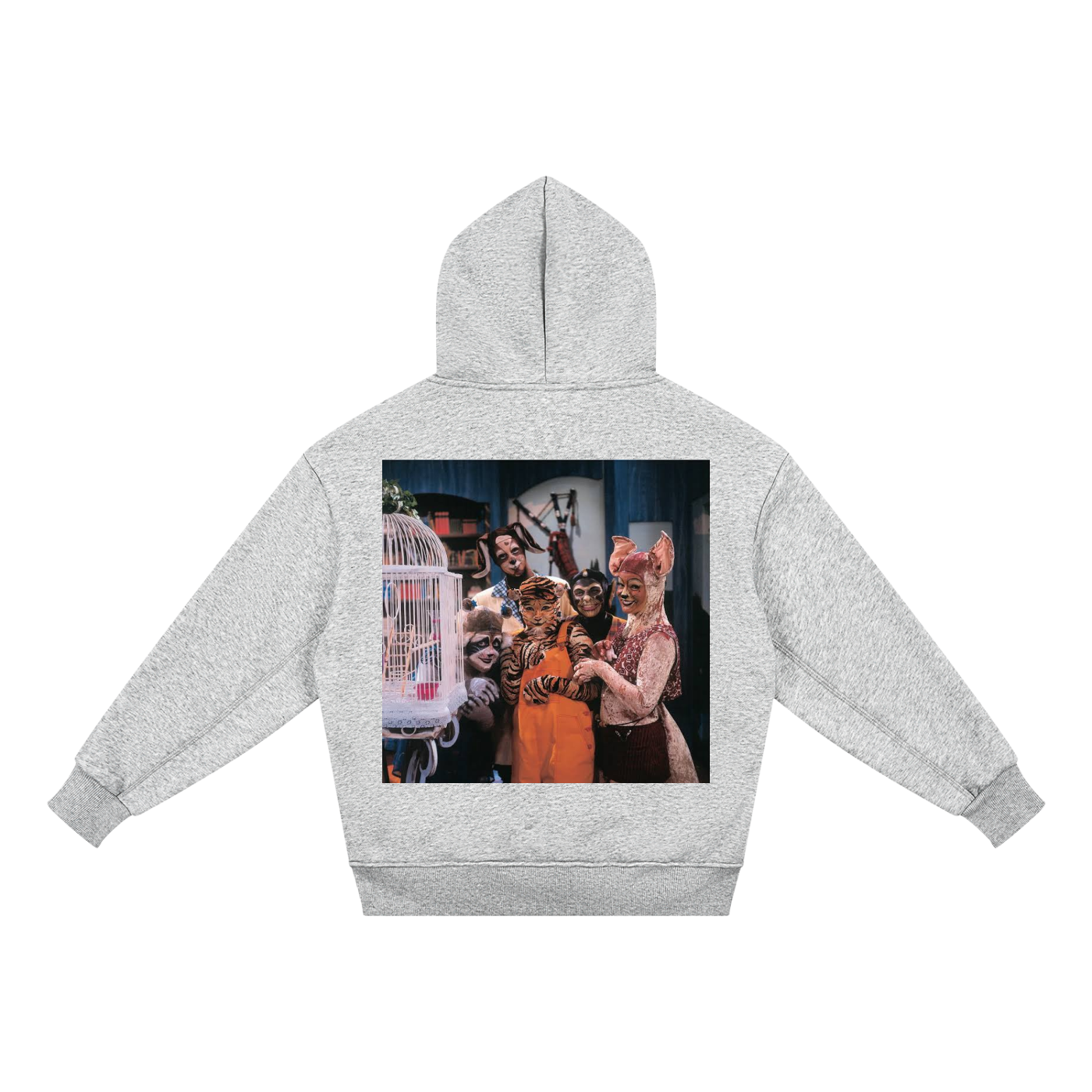 A light gray heathered hoodie shown from the back, featuring a large rectangular graphic print on the back depicting a scene with a birdcage and several people.