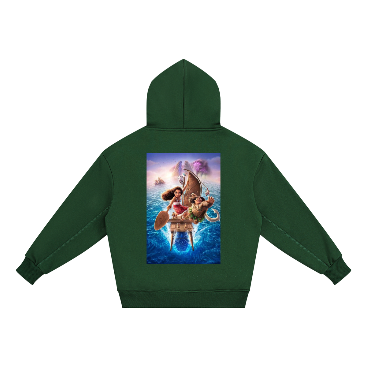 Green hoodie with a colorful graphic of characters on the back, on a white background