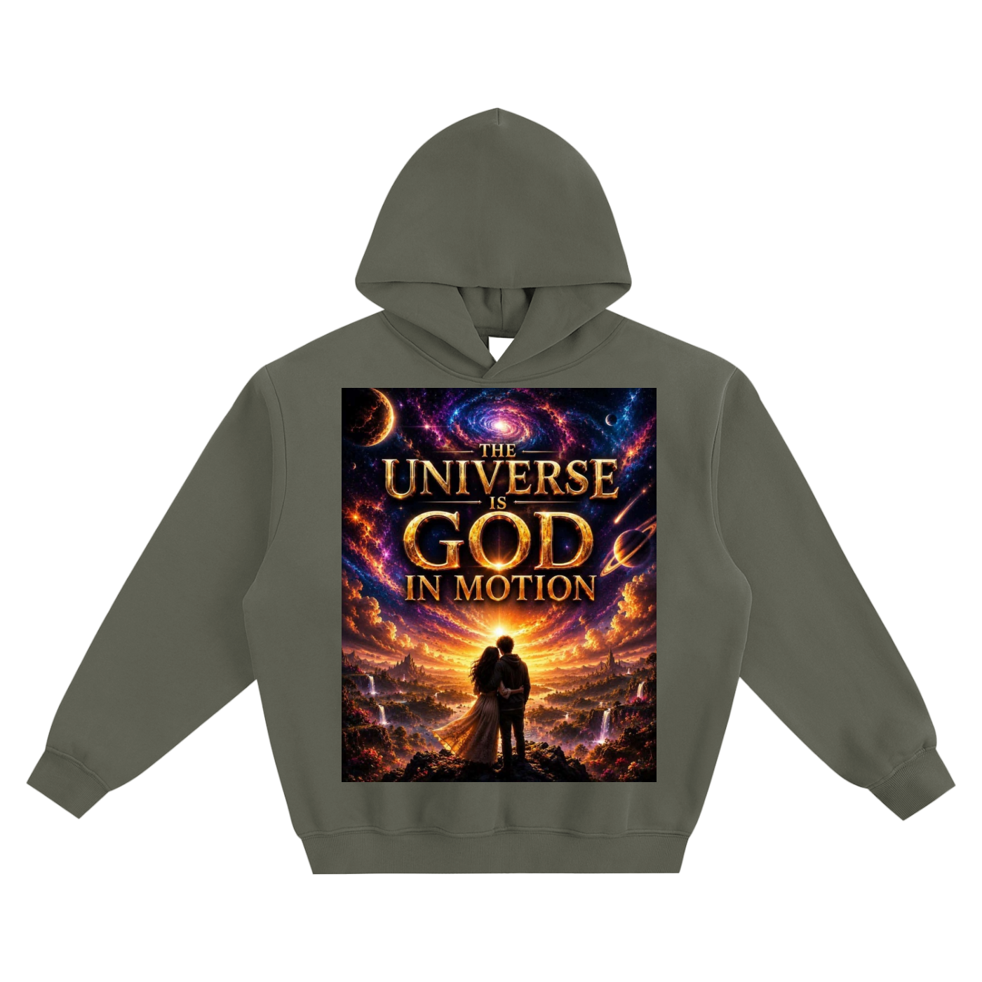Gray hoodie with a graphic design of a couple in front of a cosmic background and text 'The Universe is God in Motion'.