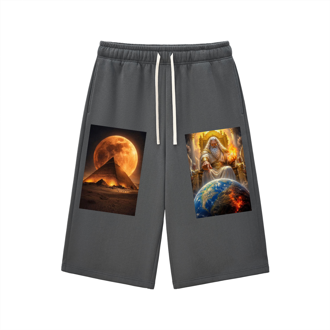 Relaxed three-quarter sweatpants front view, drawstring waist