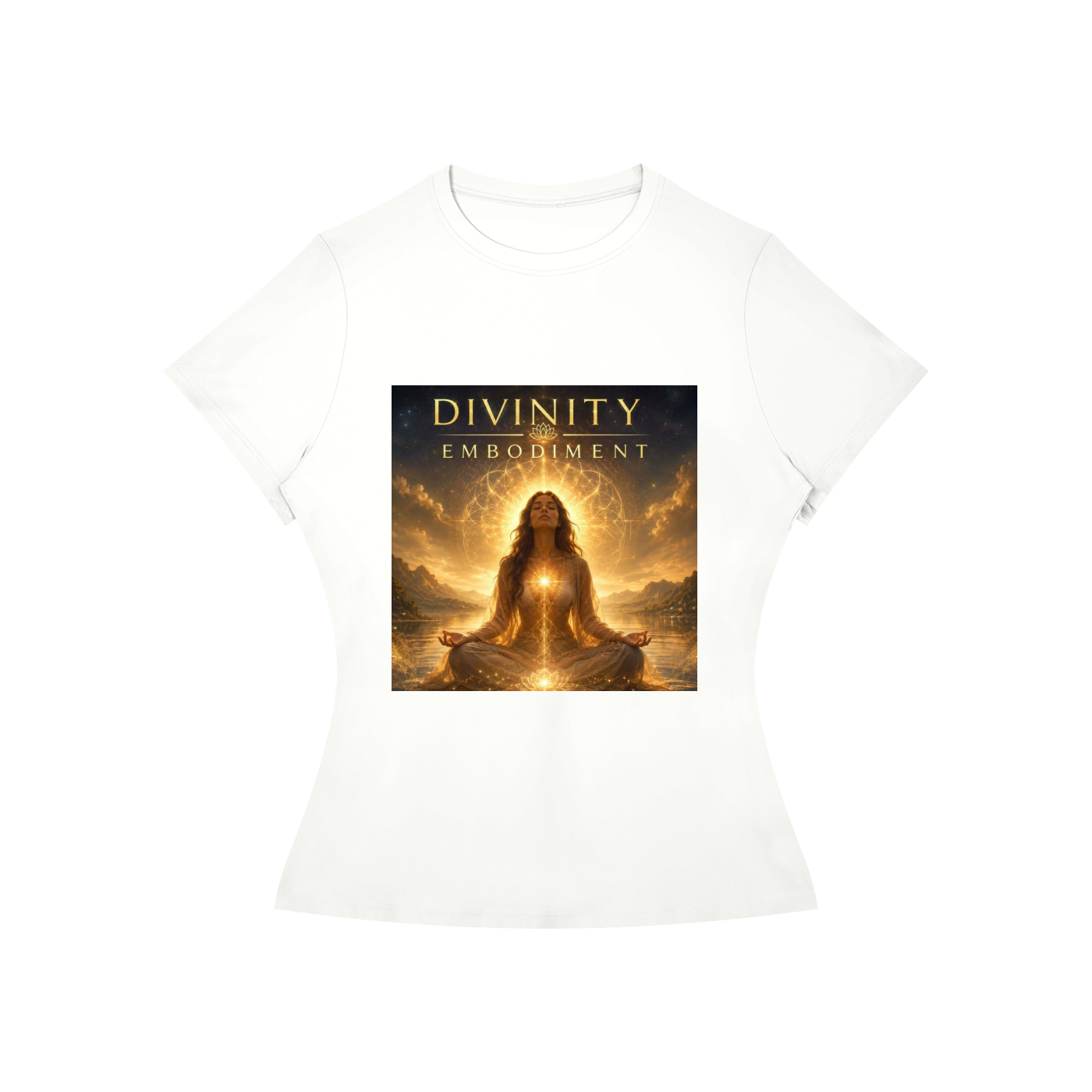 A white short-sleeve crewneck t-shirt with a square graphic print on the front. The graphic features a glowing figure in a meditative pose with the text 'DIVINITY EMBODIMENT' above them, set against a dark background with golden light effects.
