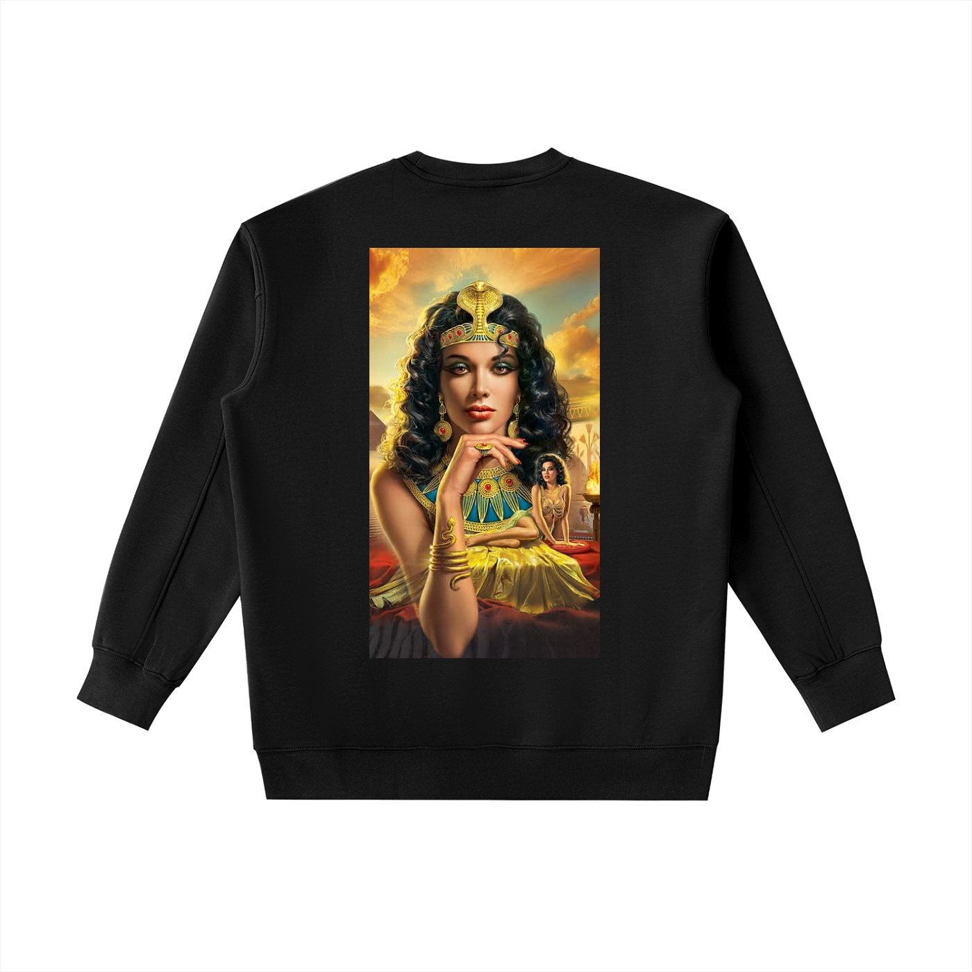 Black sweatshirt with a colorful graphic of a woman on the back