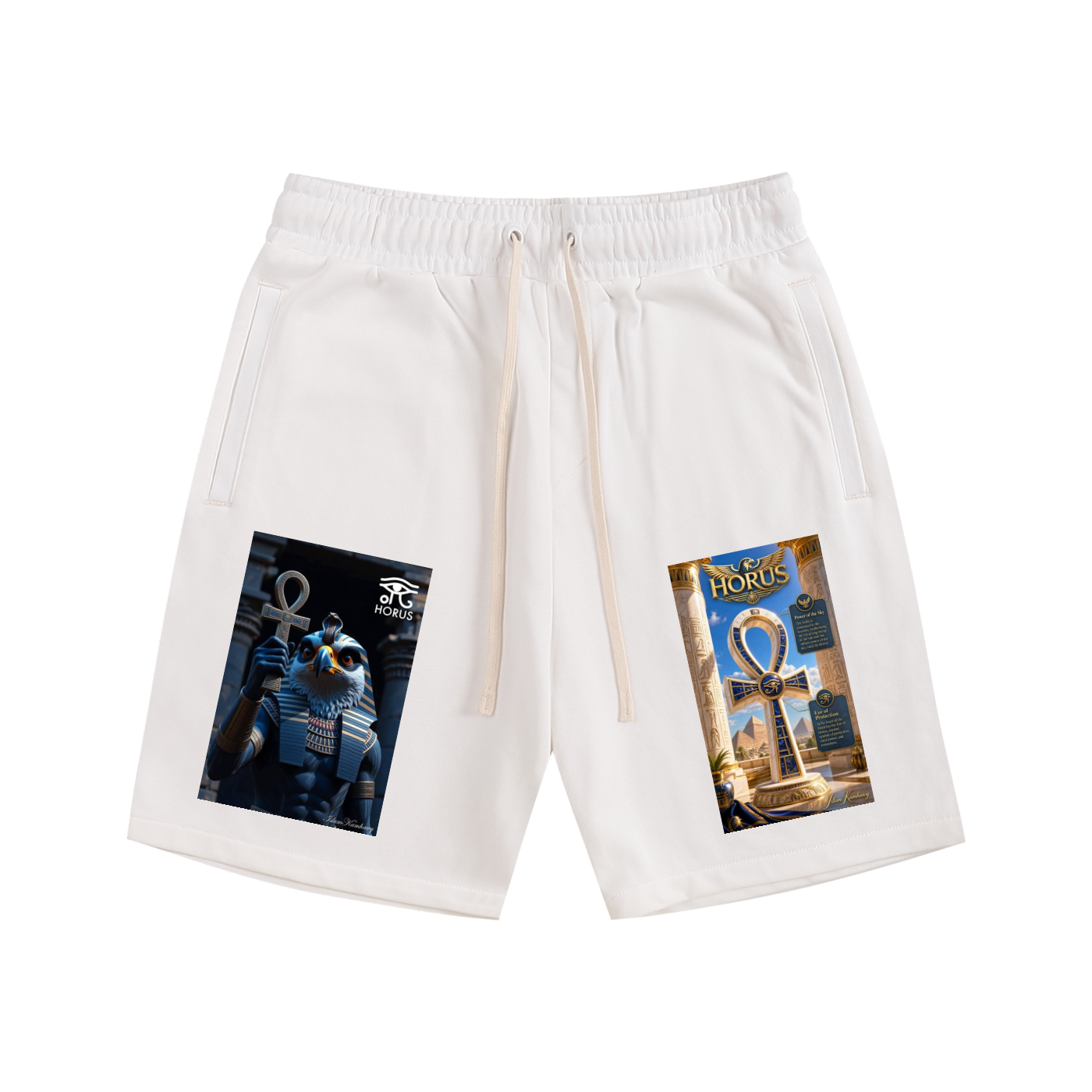 White drawstring shorts with Egyptian-themed graphics on both legs, featuring an Ankh and a sphinx design with the text 'MOROS'.