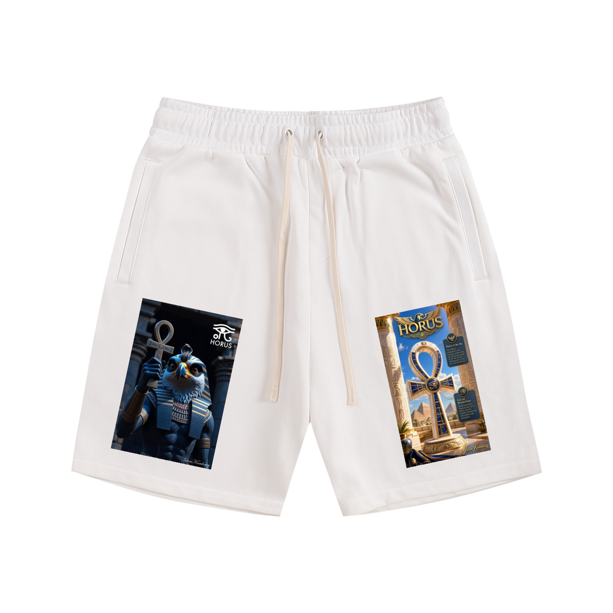 White drawstring shorts with Egyptian-themed graphics on both legs, featuring an Ankh and a sphinx design with the text 'MOROS'.