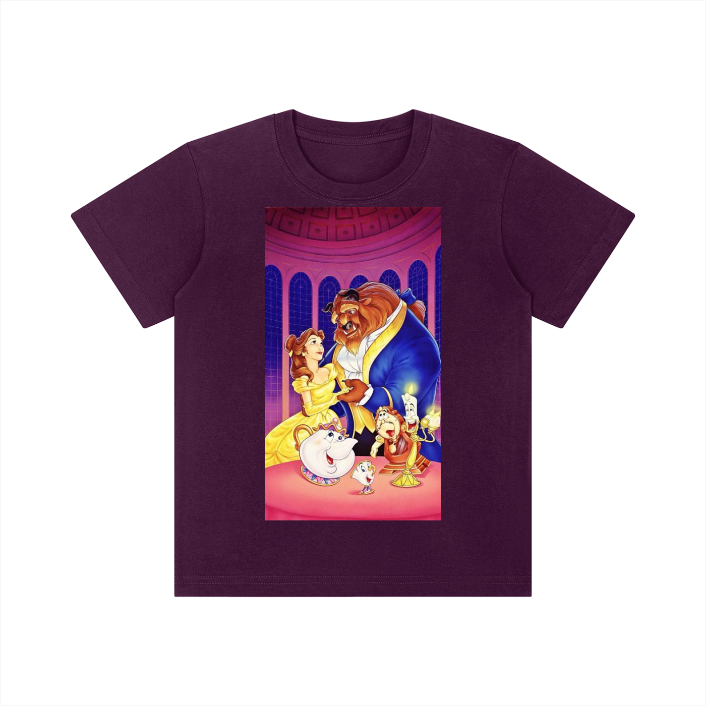 A dark purple short-sleeve t-shirt with a large, colorful graphic print on the front depicting Disney's 'Beauty and the Beast' characters, shown against a plain white background.