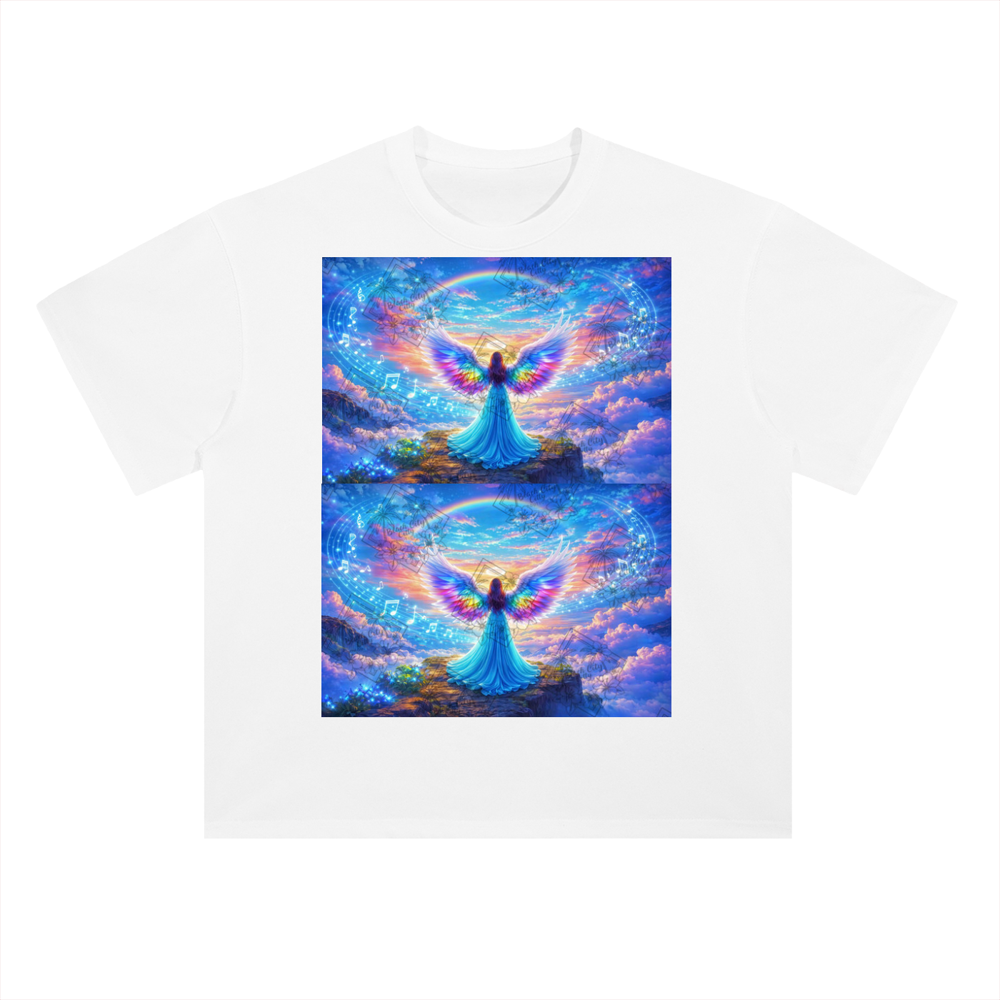 White t-shirt with a colorful angel design on a white background