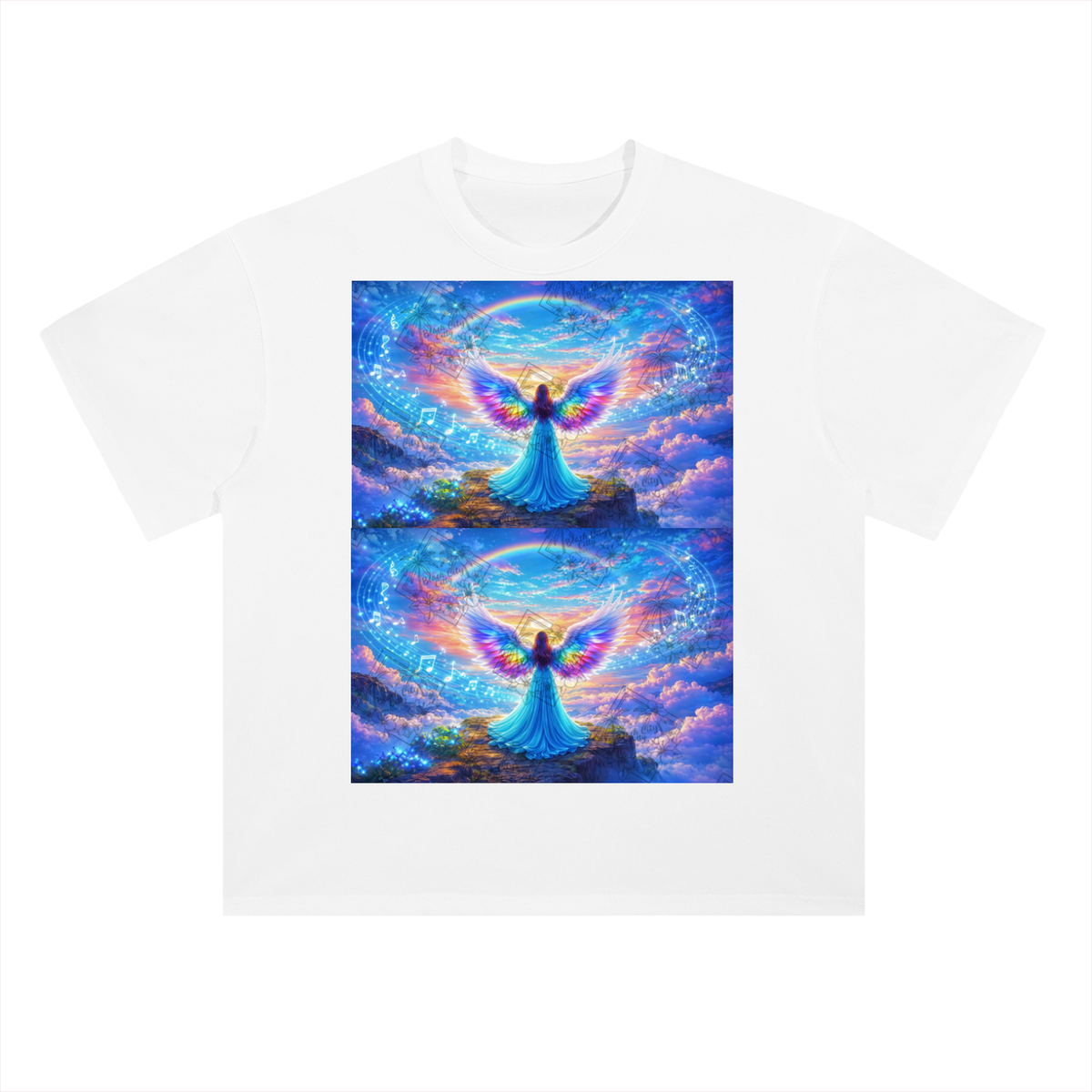 White t-shirt with a colorful angel design on a white background