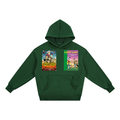 A dark green pullover hoodie with two colorful graphic prints on the chest, displayed against a solid white background.