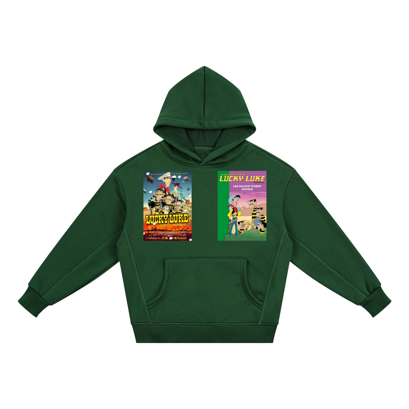 A dark green pullover hoodie with two colorful graphic prints on the chest, displayed against a solid white background.