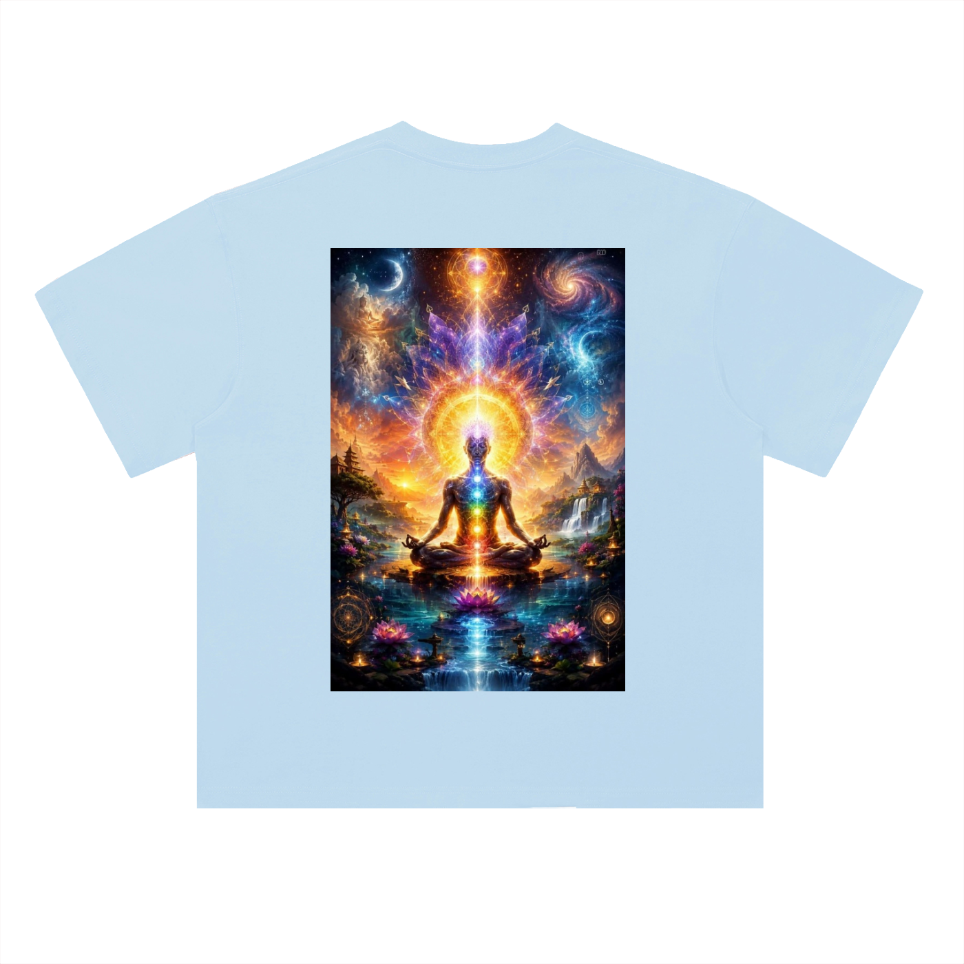 Light blue t-shirt with a colorful graphic of a meditating figure and cosmic design on a white background