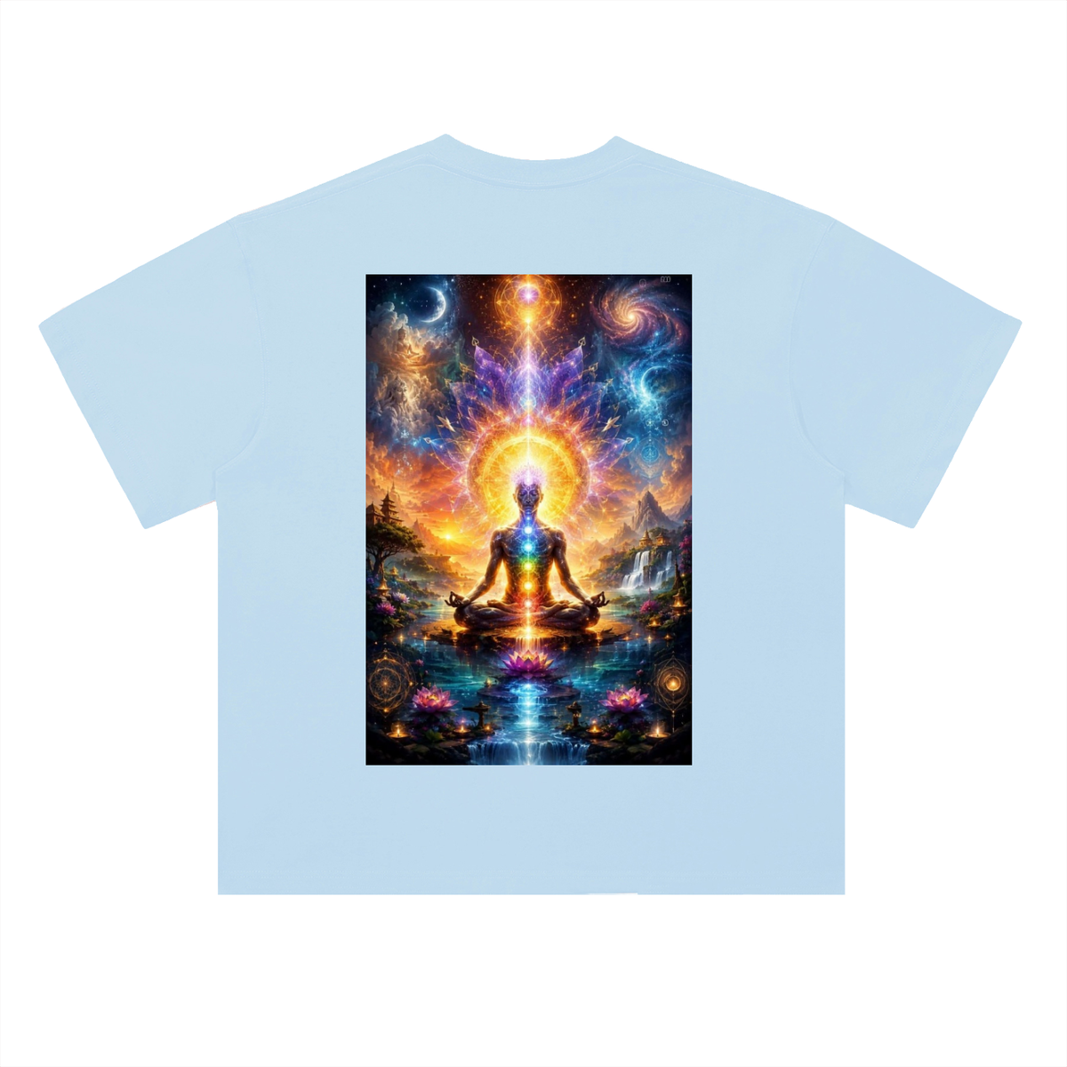 Light blue t-shirt with a colorful graphic of a meditating figure and cosmic design on a white background