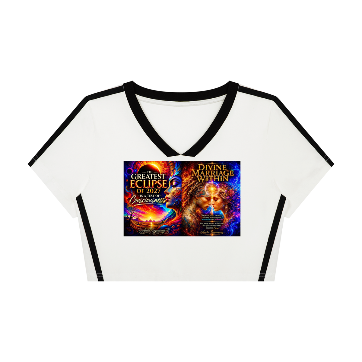 A white ringer crop top t-shirt with black trim on the collar and sleeve cuffs, featuring a colorful graphic print on the front depicting an eclipse and the text 'Greatest Eclipse of 2021' and 'Divine Marriage Within'.