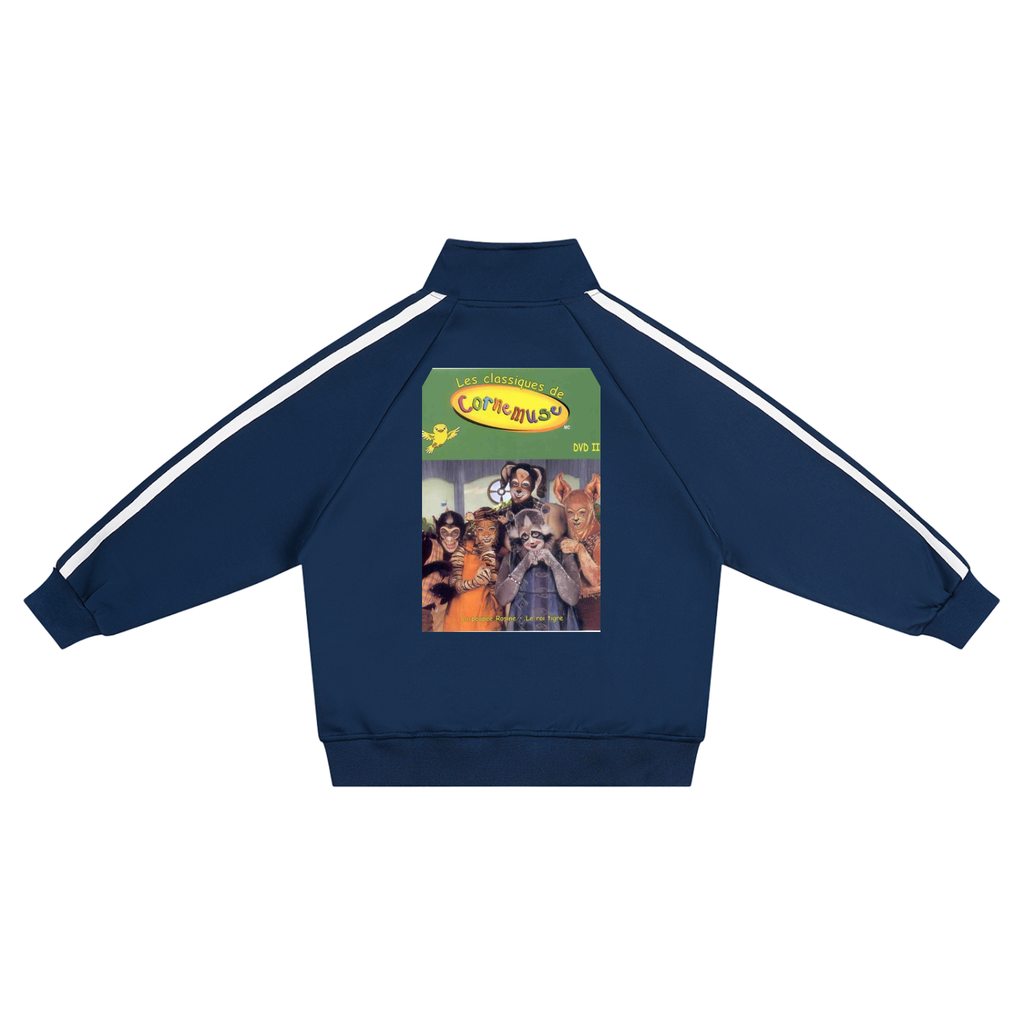 A navy blue track jacket with white stripes on the sleeves, featuring a large colorful graphic print on the back depicting characters from the movie 'Coco' with the text 'Coco + Juanando'.