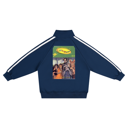 A navy blue track jacket with white stripes on the sleeves, featuring a large colorful graphic print on the back depicting characters from the movie 'Coco' with the text 'Coco + Juanando'.