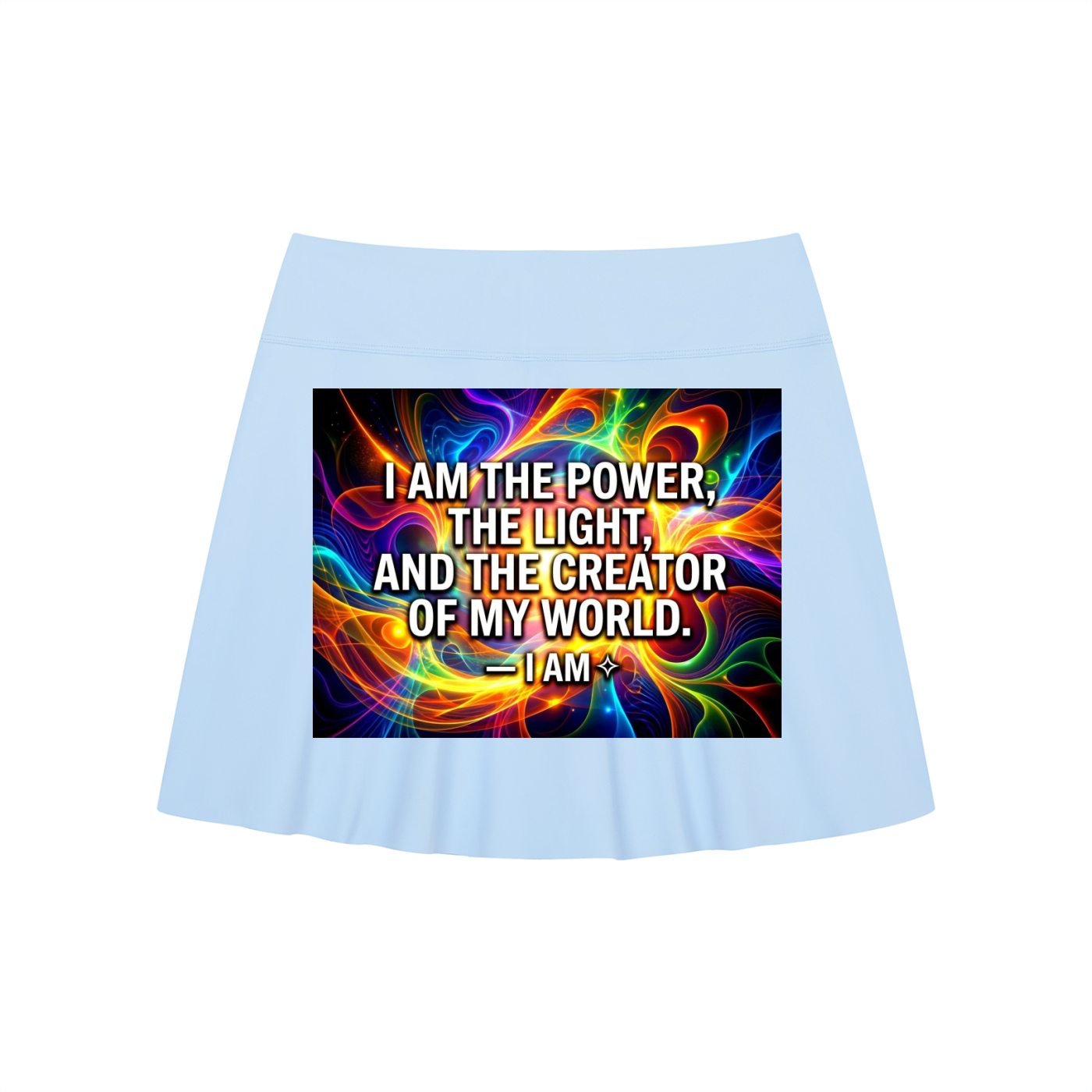 Light blue skirt with a colorful design and text on a white background