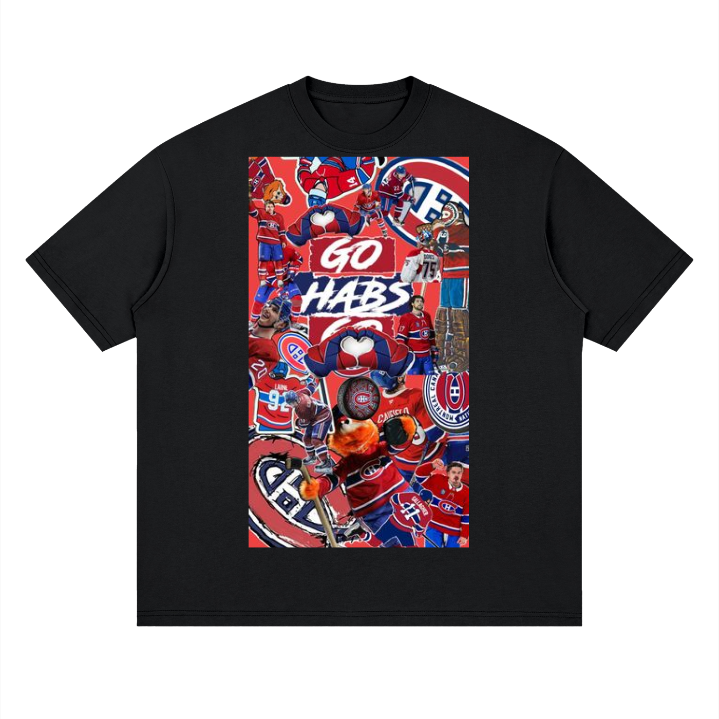 Black t-shirt with a colorful graphic of hockey players and 'GO HABS' text on a white background