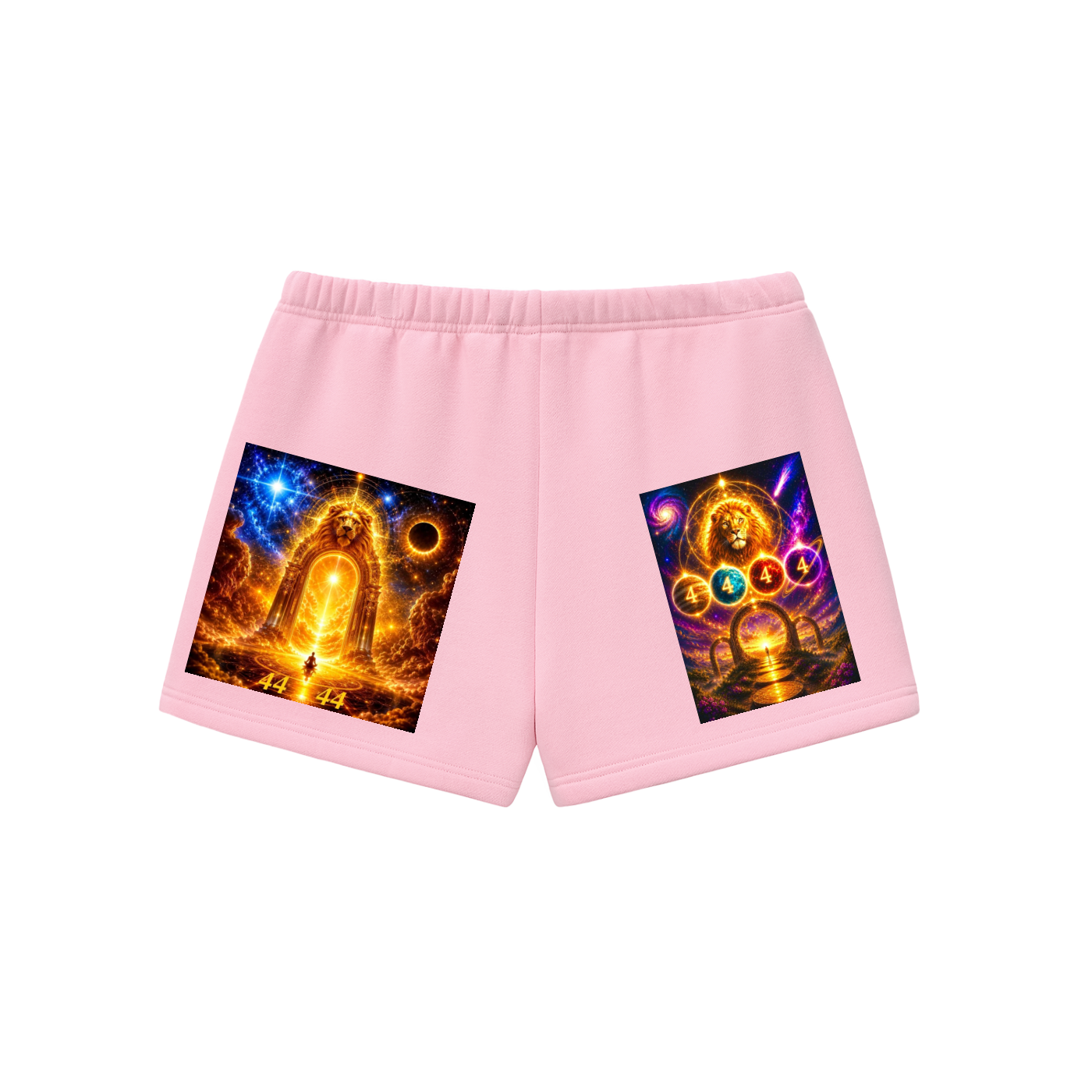 Light pink athletic shorts with two large, colorful graphic prints on the front legs, displayed against a solid white background.
