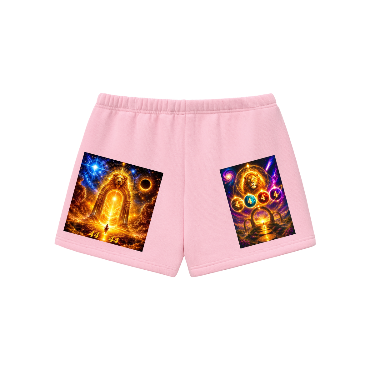 Light pink athletic shorts with two large, colorful graphic prints on the front legs, displayed against a solid white background.