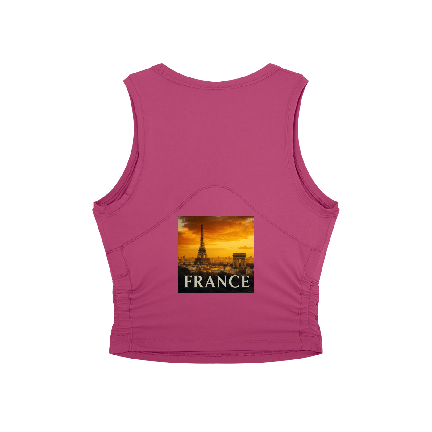 Pink tank top with a graphic of the Eiffel Tower and 'FRANCE' text on a white background