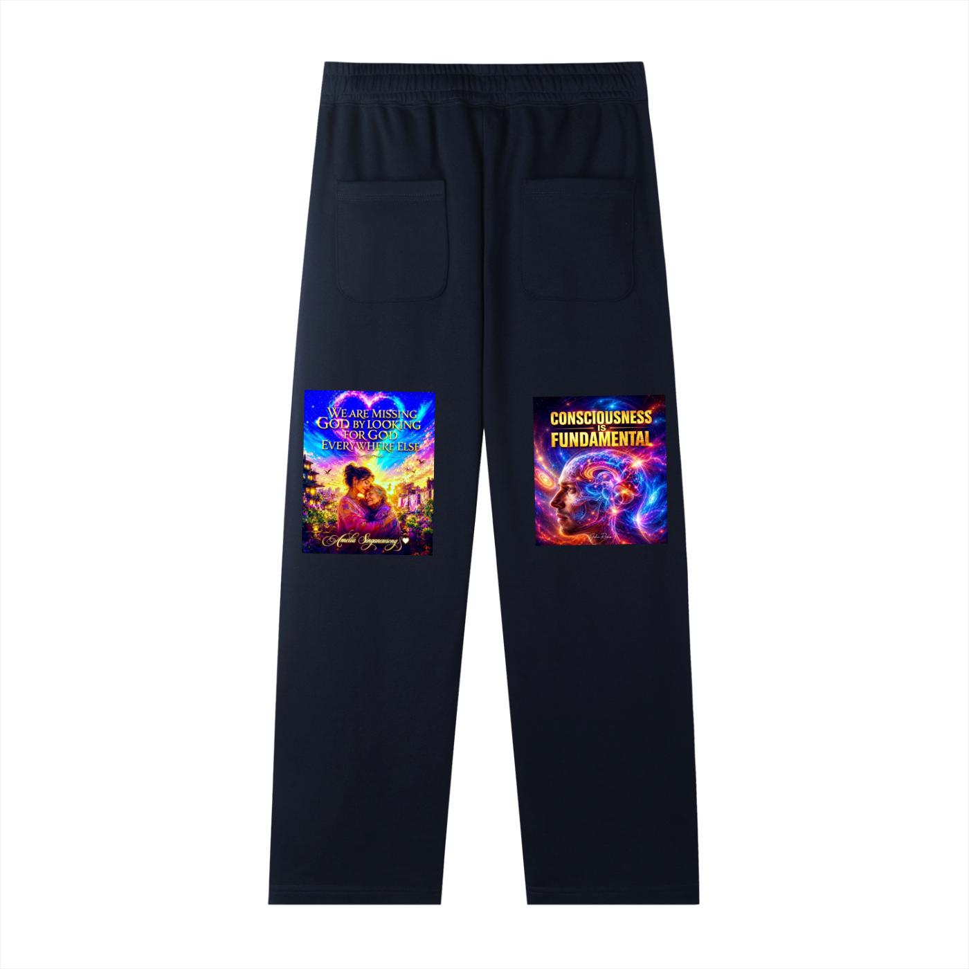 Black pants with colorful graphic designs on a white background