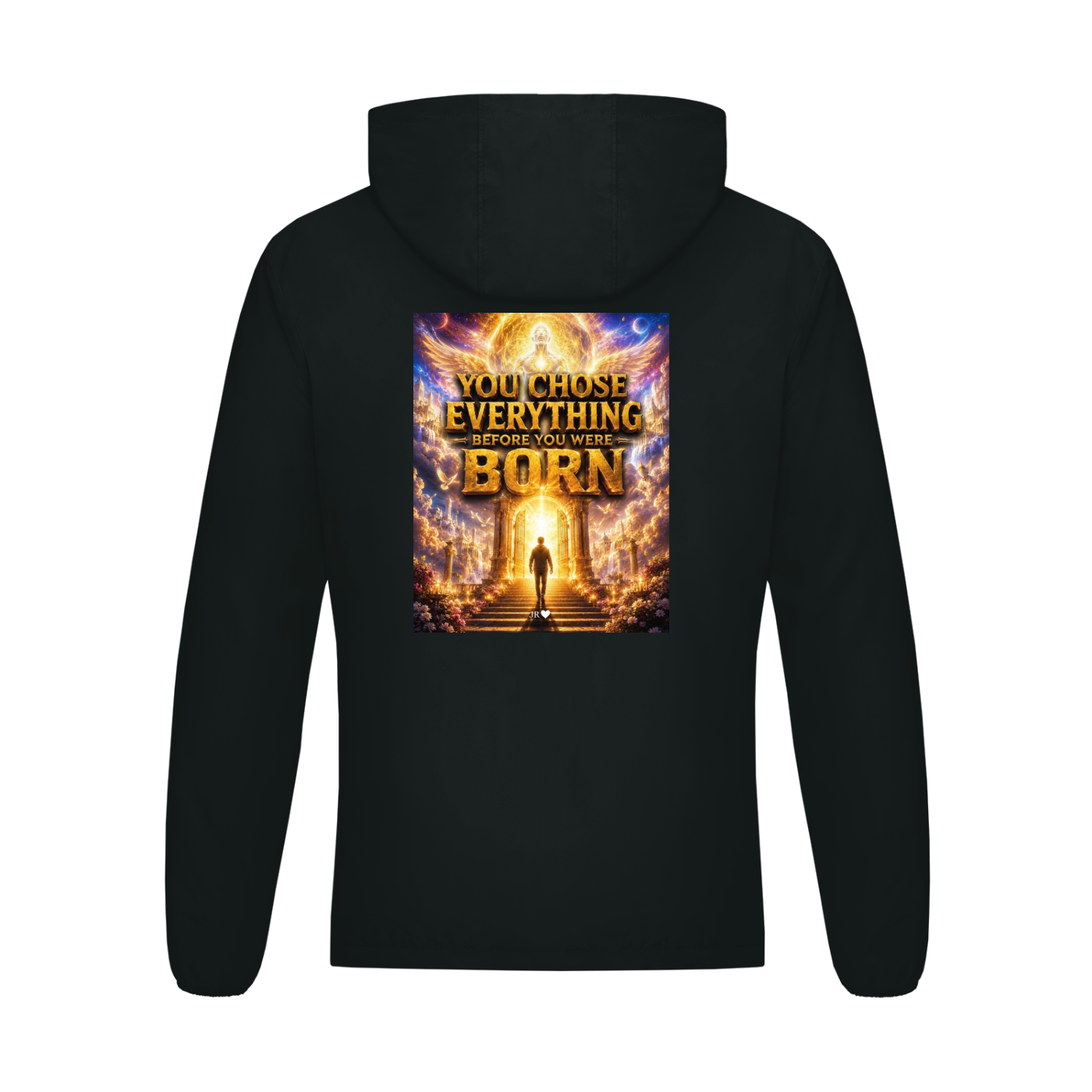 Black hoodie with a colorful graphic and text on the back against a white background